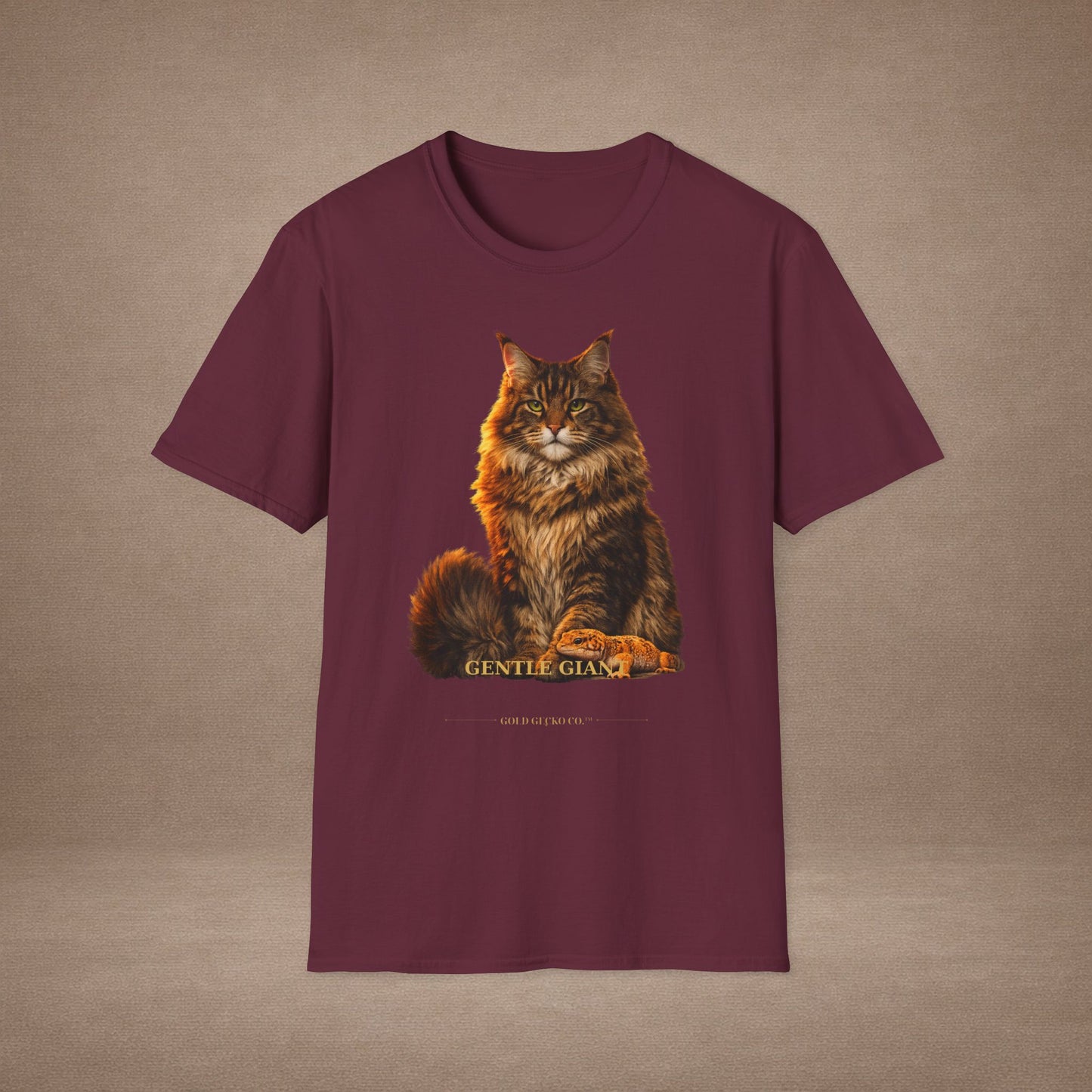 Maine Coon — Gentle Giant — photoreal cat breed portraits paired with tiny gecko compani. Gold Gecko Co. Cats & Geckos collection.