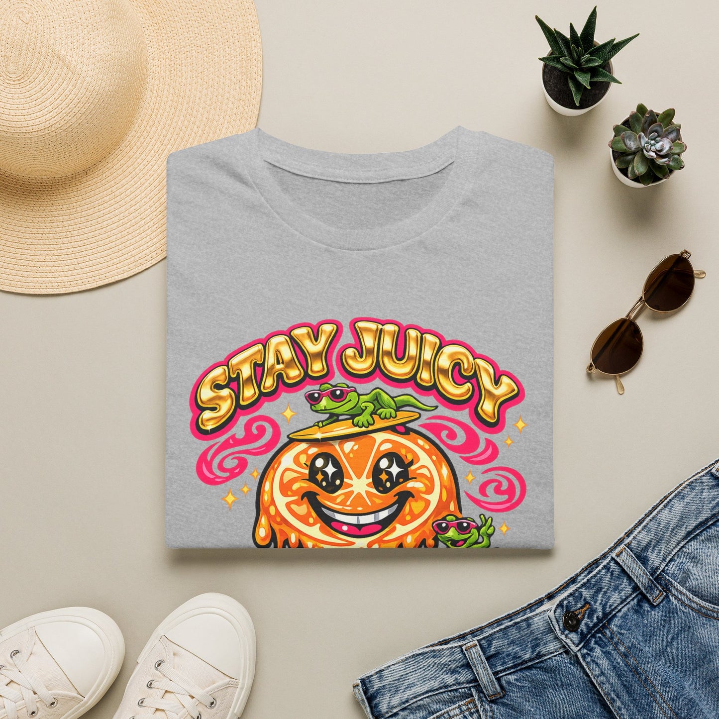 Stay Juicy retro chrome orange & gecko graphic t-shirt — Gold Gecko Co.