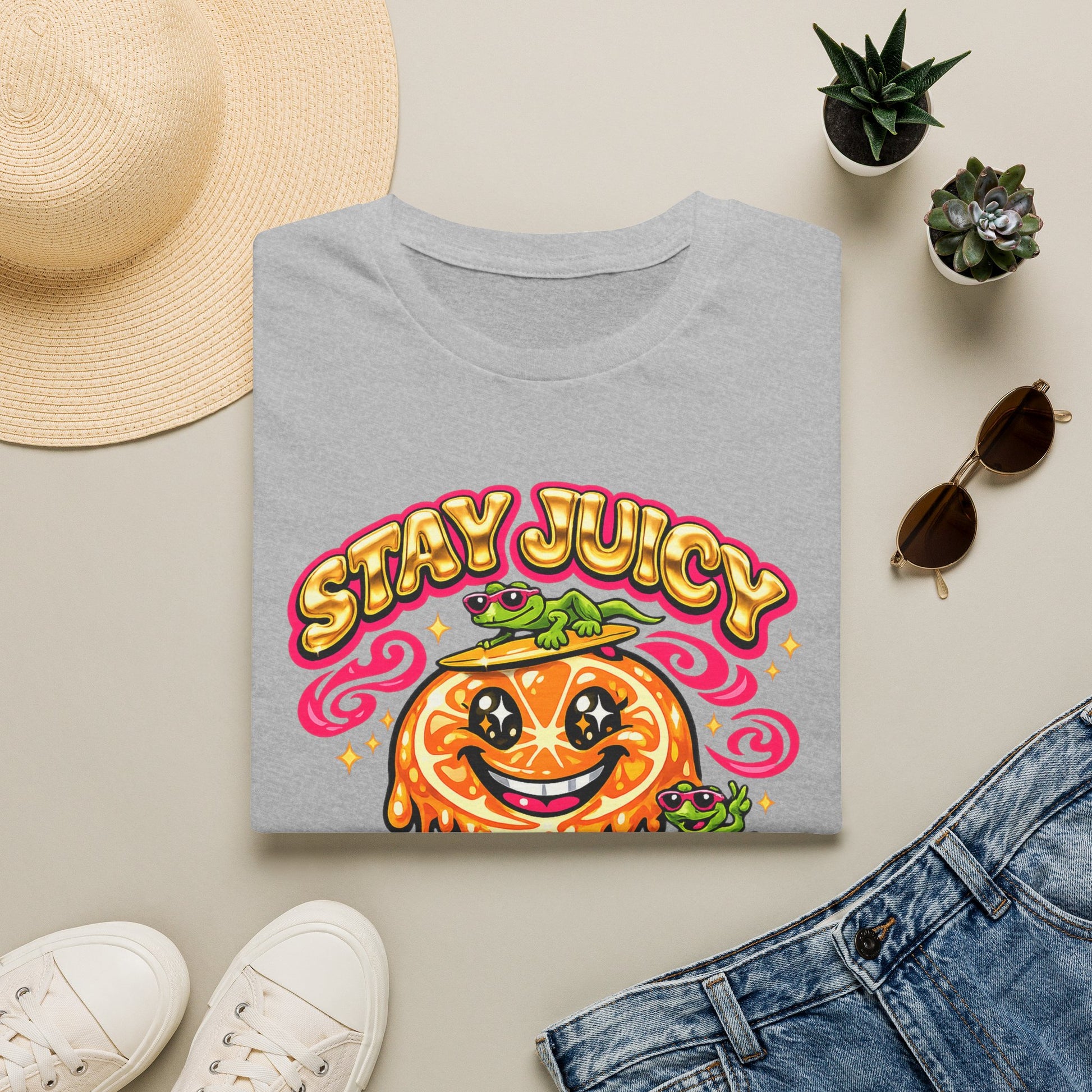 Stay Juicy retro chrome orange & gecko graphic t-shirt — Gold Gecko Co.