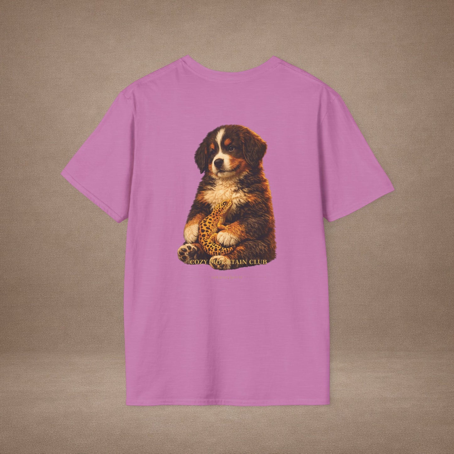 Bernese Mountain Dog — Cozy Mountain Club — cinematic photoreal portraits of beloved dog breeds paired w. Gold Gecko Co. Puppies & Geckos collection.