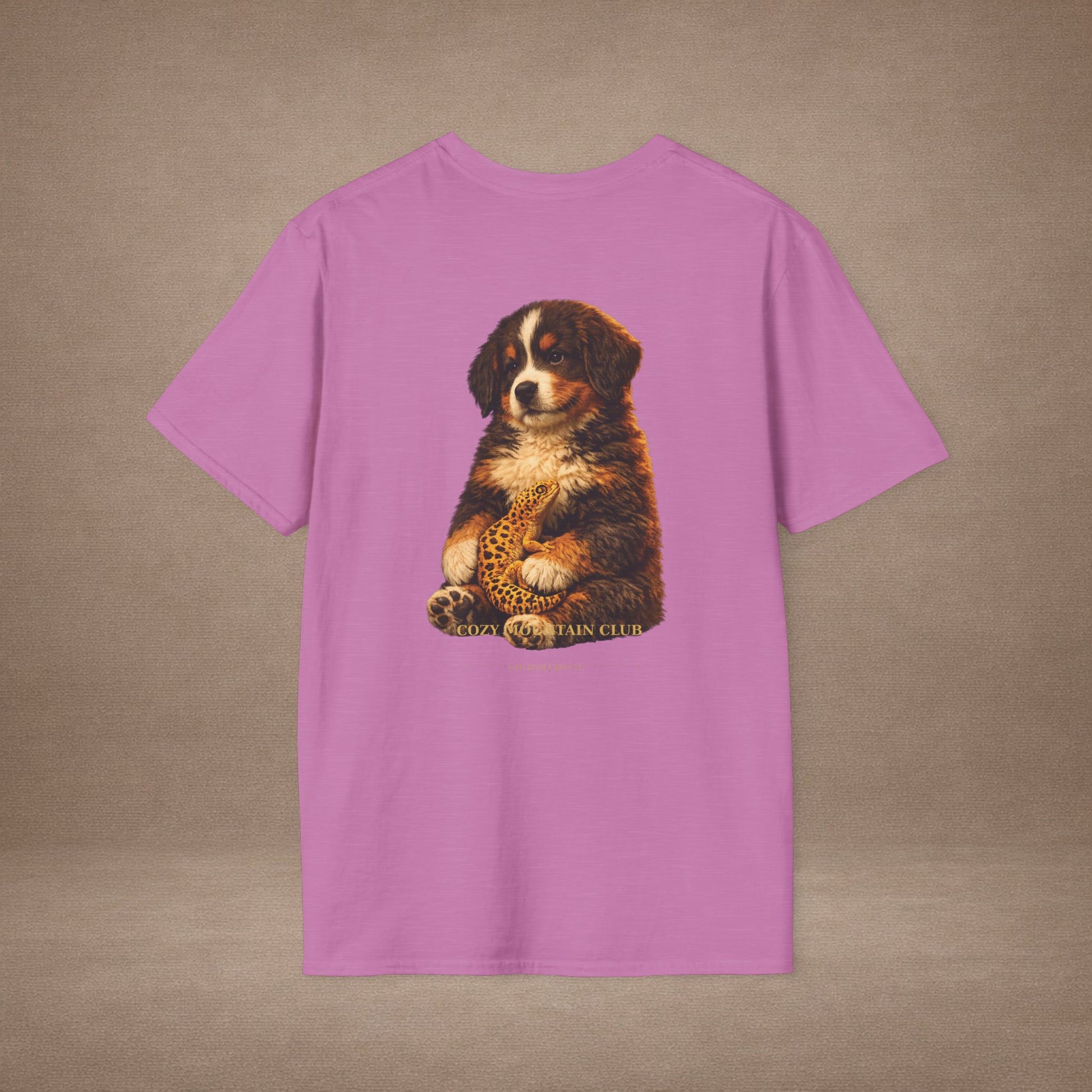 Bernese Mountain Dog — Cozy Mountain Club — cinematic photoreal portraits of beloved dog breeds paired w. Gold Gecko Co. Puppies & Geckos collection.