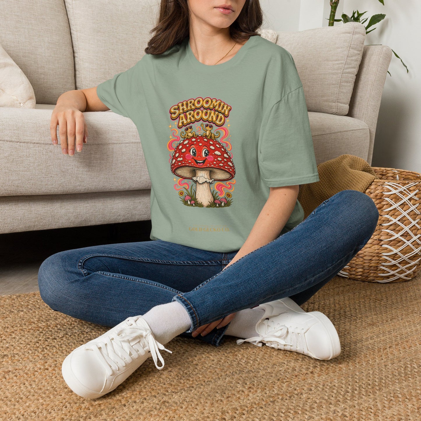 Shroomin' Around cottagecore mushroom & gecko t-shirt — Gold Gecko Co.