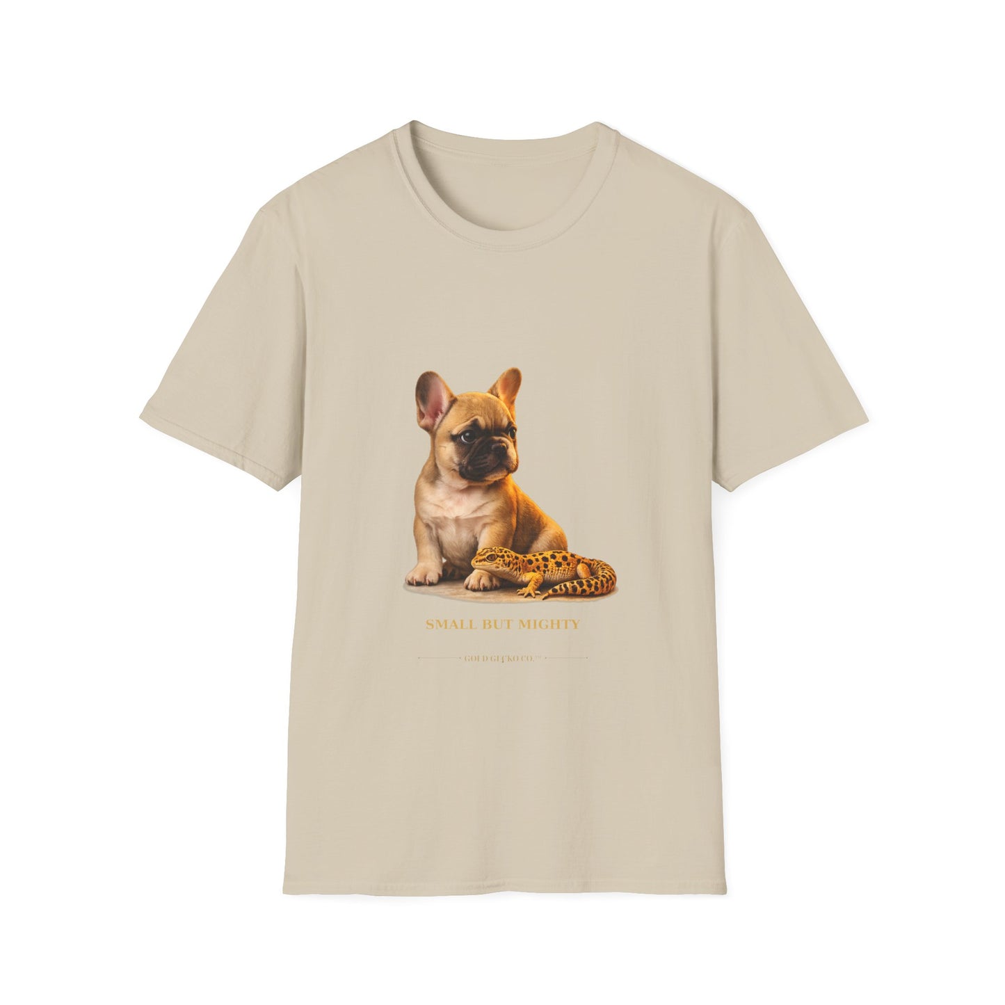 French Bulldog — Small But Mighty — cinematic photoreal portraits of beloved dog breeds paired w. Gold Gecko Co. Puppies & Geckos collection.