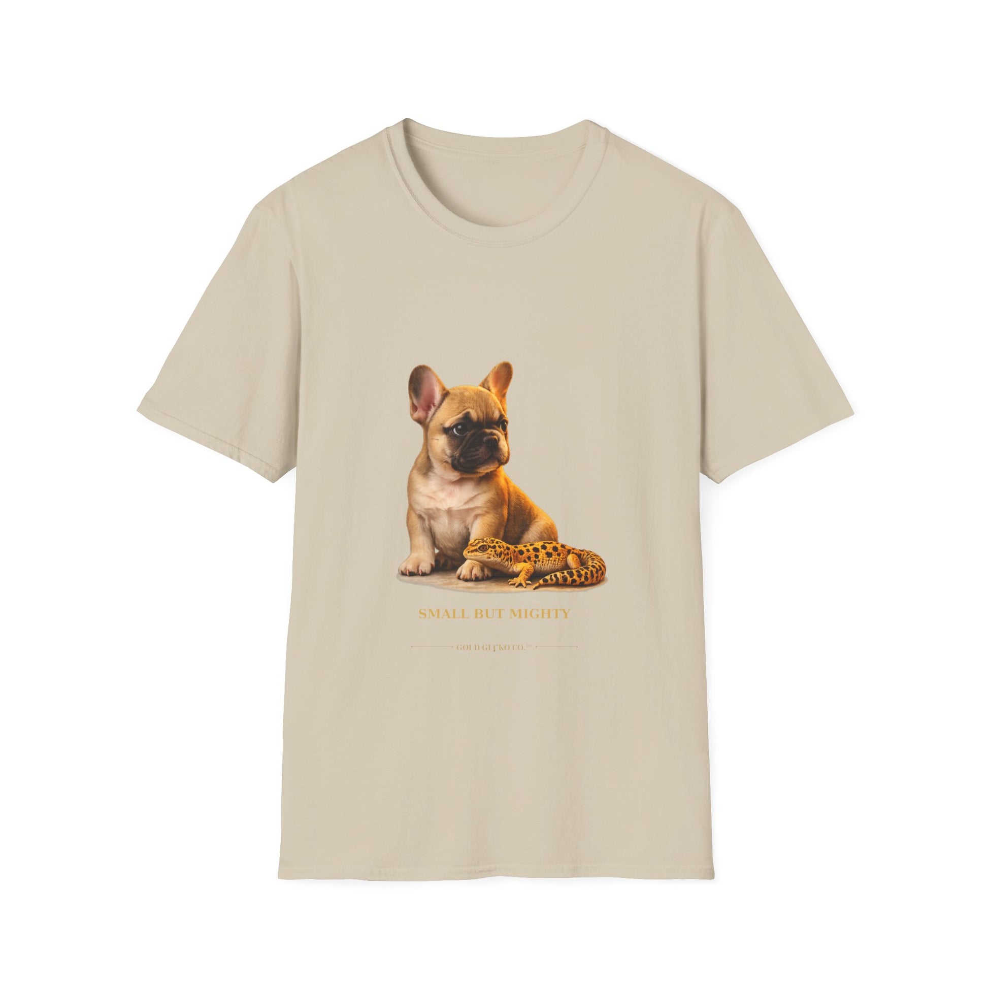 French Bulldog — Small But Mighty — cinematic photoreal portraits of beloved dog breeds paired w. Gold Gecko Co. Puppies & Geckos collection.