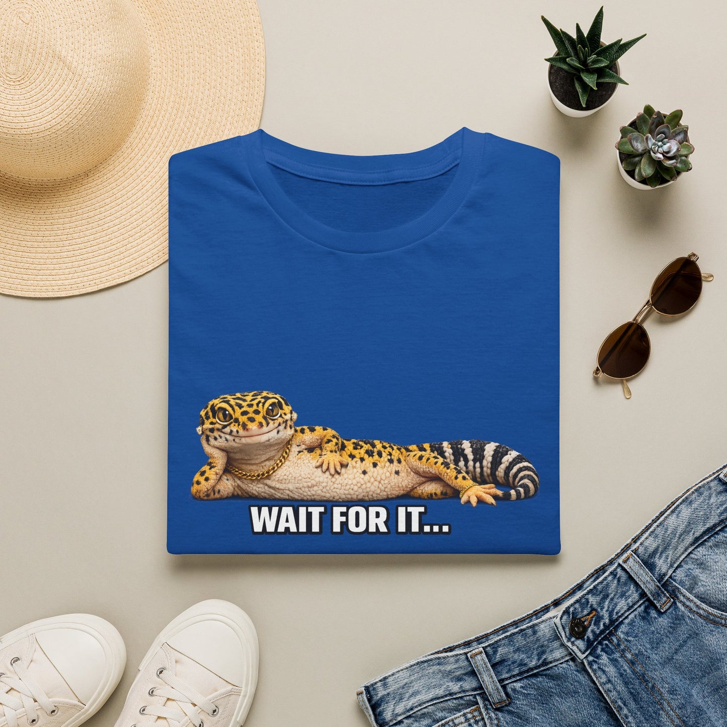 DESIGN #21 Wait For It… — Lounging Leopard Gecko Tee (Front & Back)