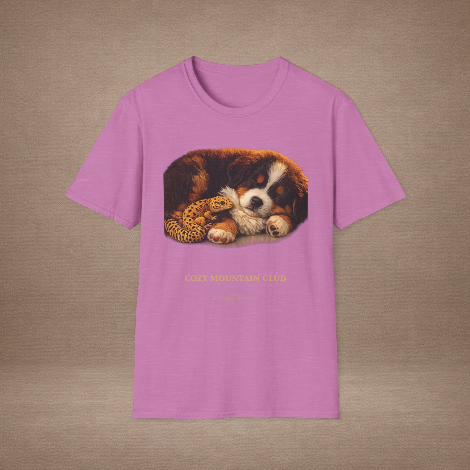 Bernese Mountain Dog — Cozy Mountain Club — cinematic photoreal portraits of beloved dog breeds paired w. Gold Gecko Co. Puppies & Geckos collection.
