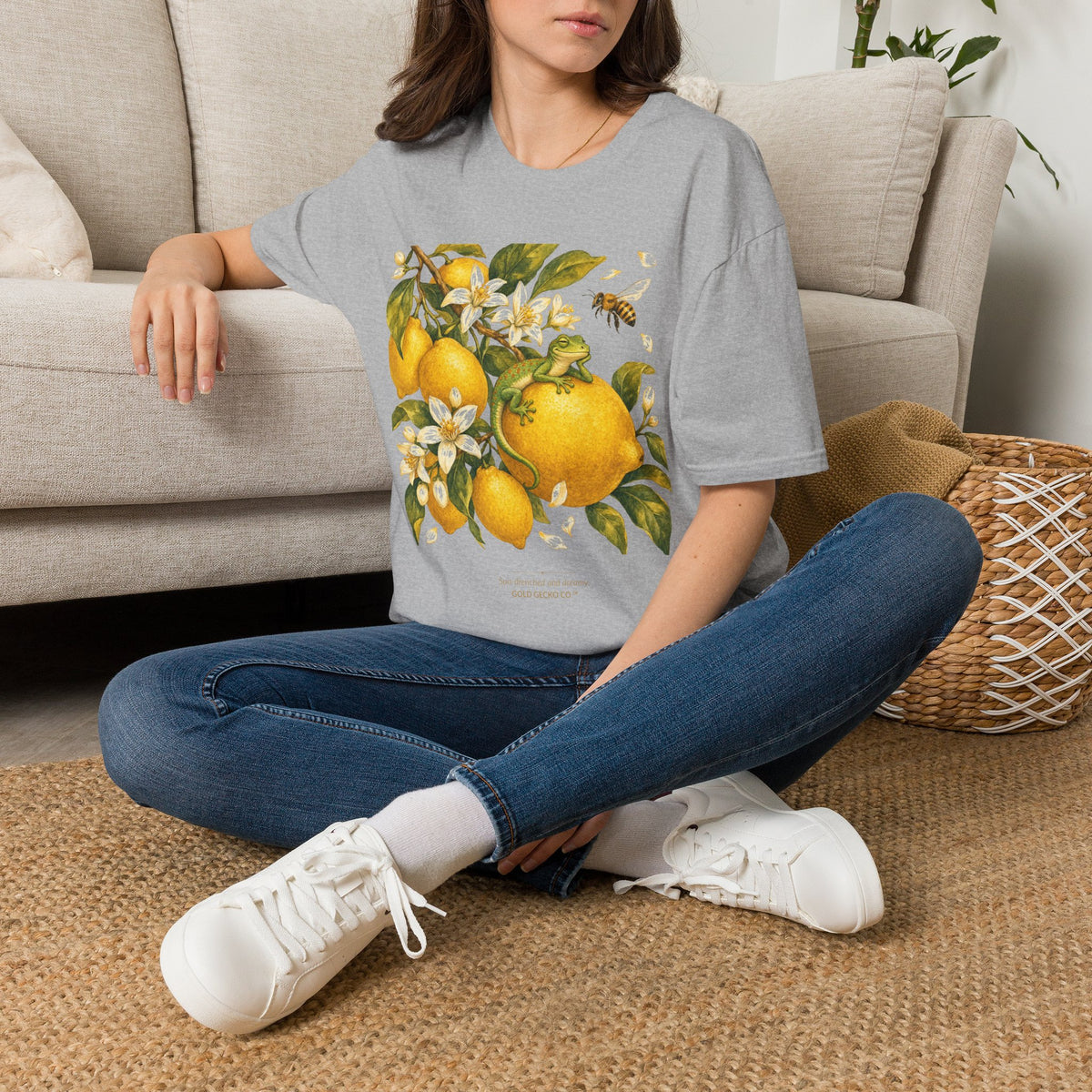 Citrus Grove Gecko cottagecore watercolor T-shirt from Gold Gecko Co. — gecko in a sunlit Mediterranean citrus grove of lemons and oranges.