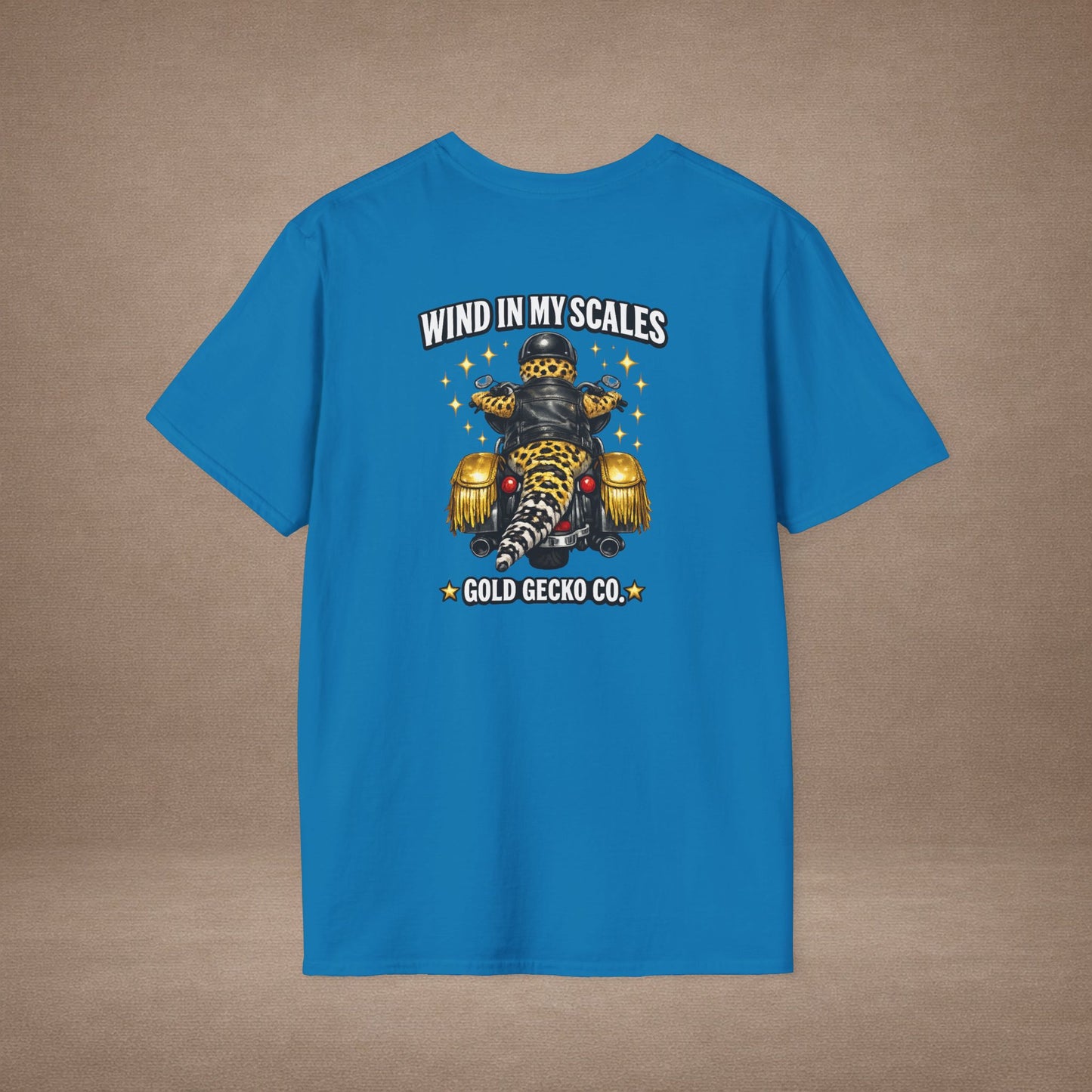 DESIGN #38 Wind in My Scales — Bagger Gecko Tee (Front & Back) Golden Letters