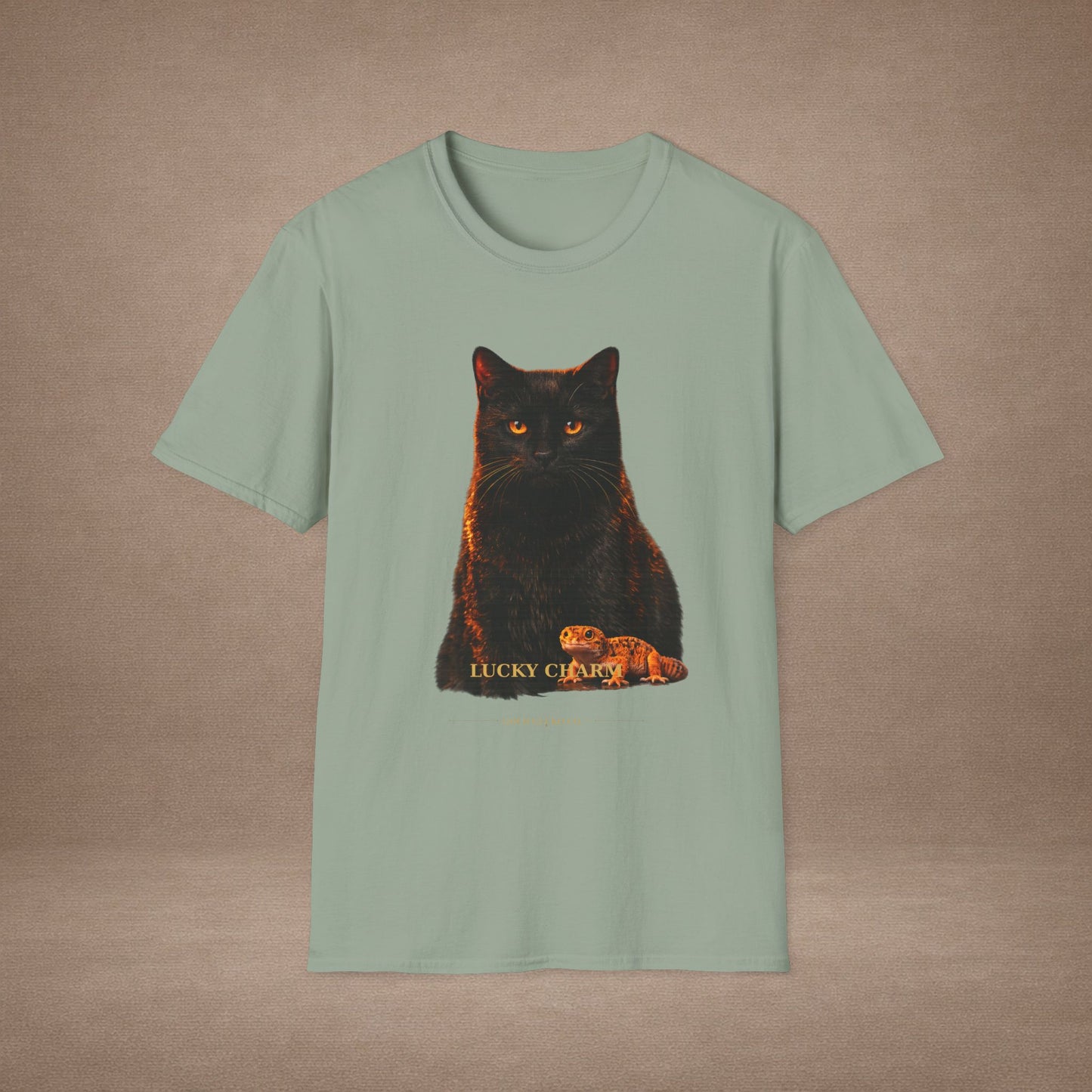 Black Cat — Lucky Charm — photoreal cat breed portraits paired with tiny gecko compani. Gold Gecko Co. Cats & Geckos collection.