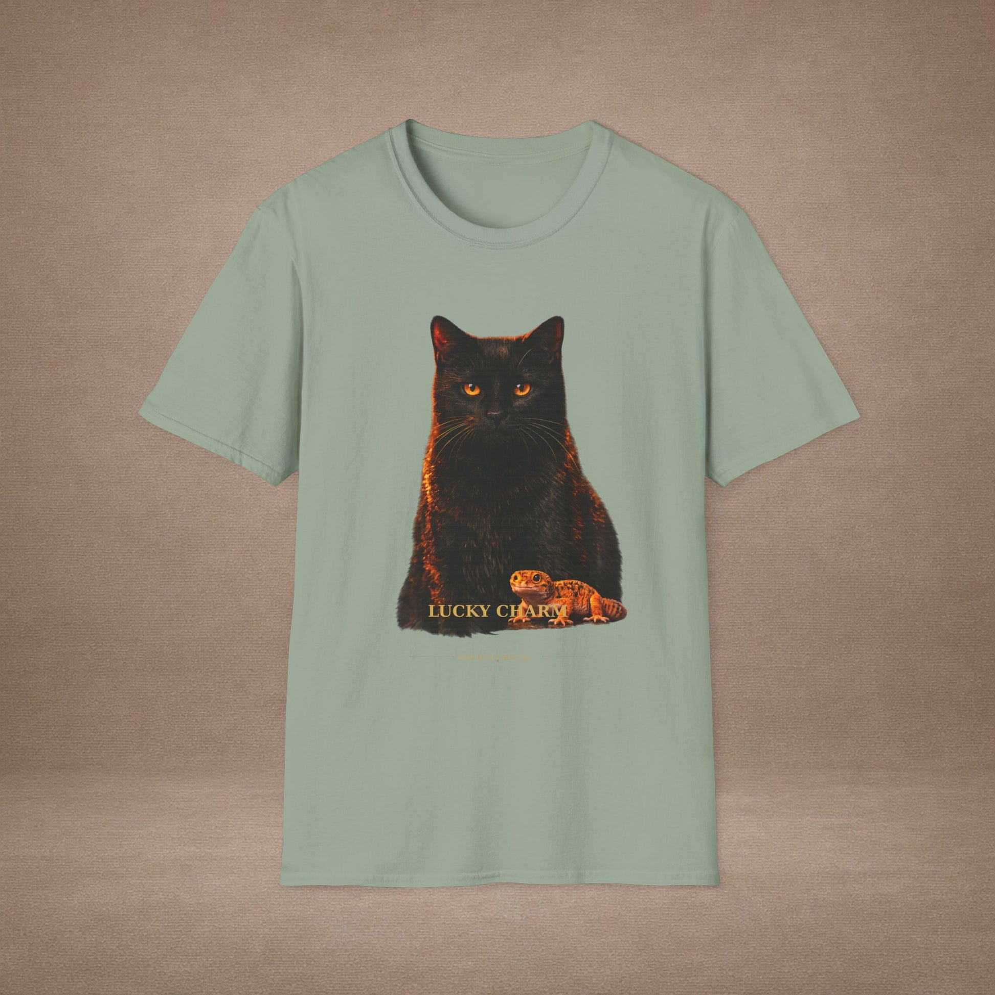 Black Cat — Lucky Charm — photoreal cat breed portraits paired with tiny gecko compani. Gold Gecko Co. Cats & Geckos collection.