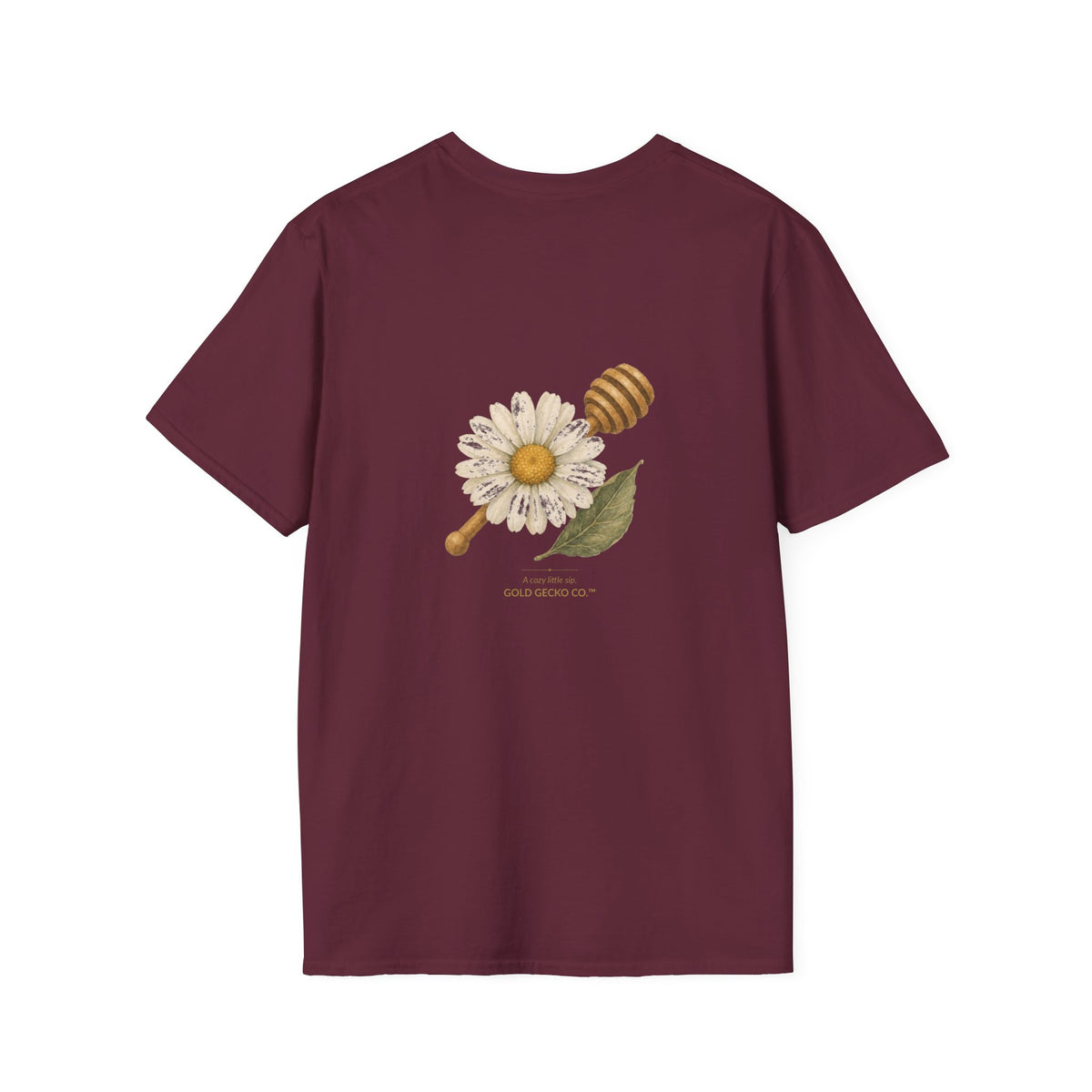 Tea Time Gecko cottagecore watercolor T-shirt from Gold Gecko Co. — gecko sipping from a floral teacup among daisies and lavender.