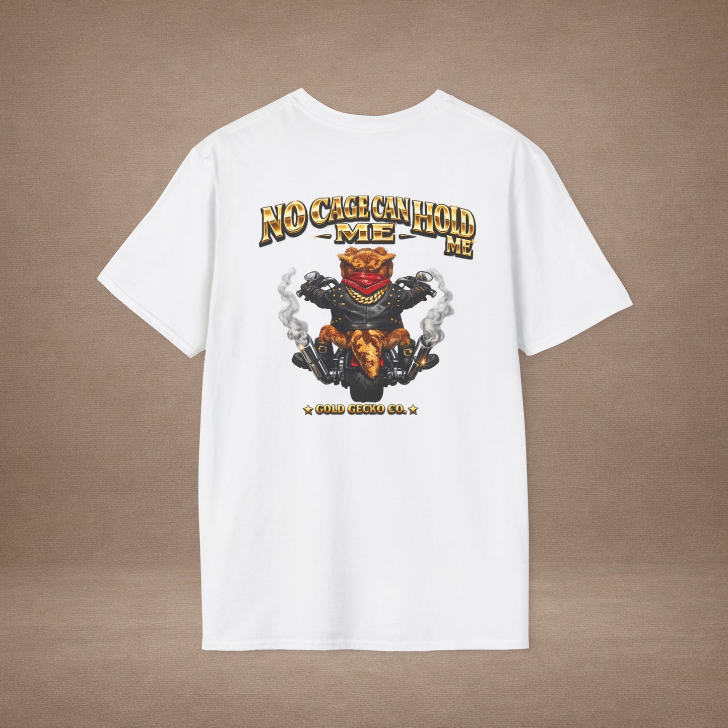 DESIGN #37 No Cage Can Hold Me — Chopper Gecko Tee (Front & Back) Gold Lettering