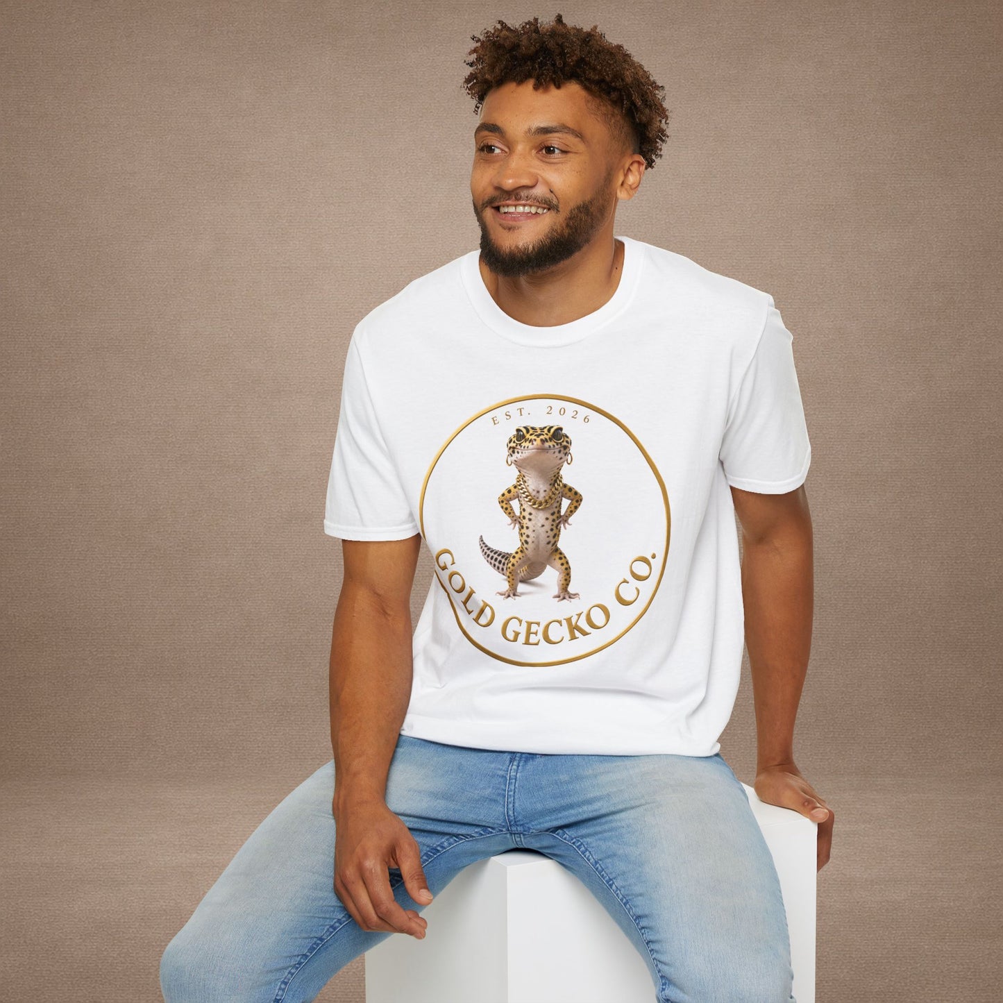 Design # 001  Gold Gecko Co. tm - Signature Logo Tee — Emblem Graphic T-Shirt (Front @ Back)