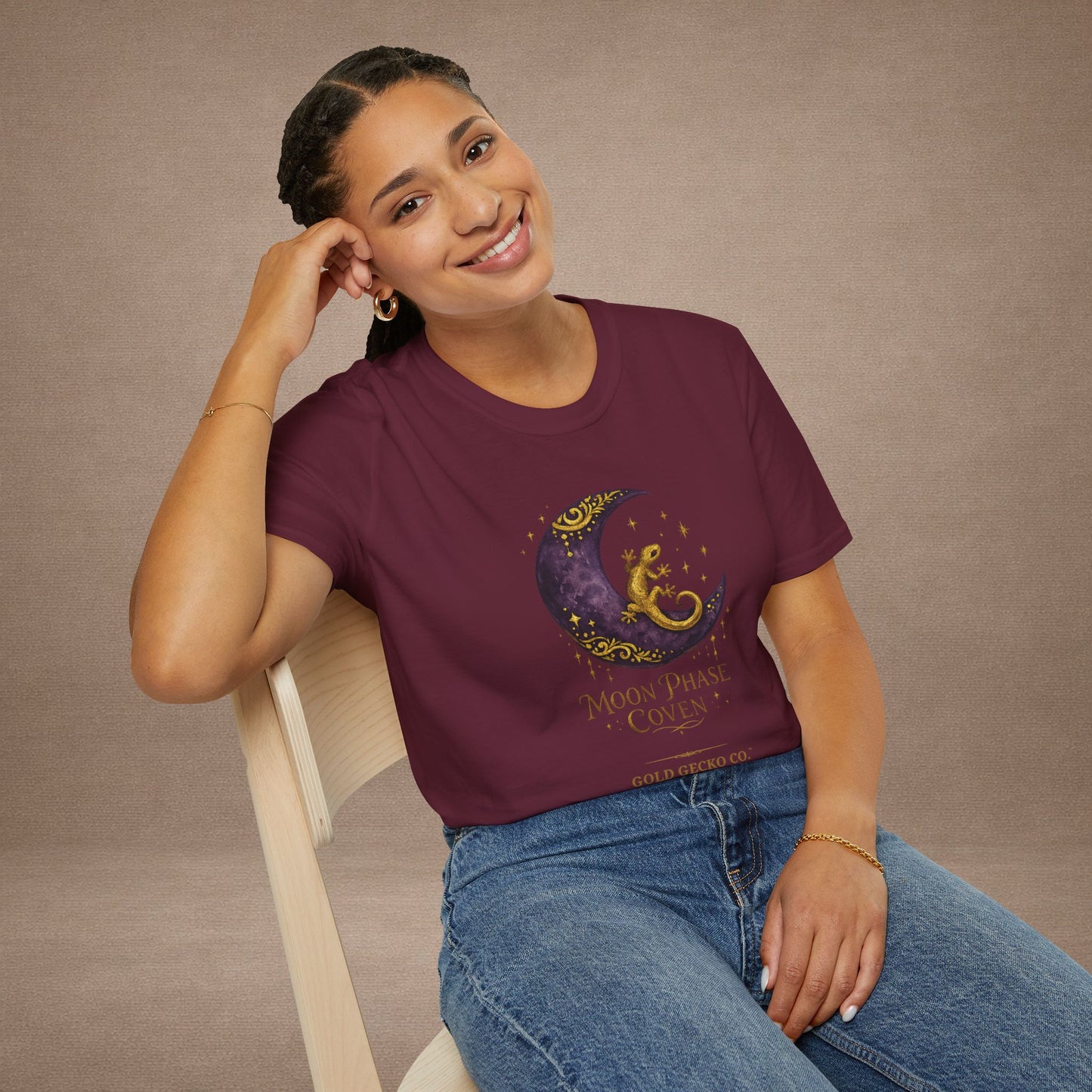 Moon Phase Coven gecko t-shirt with Coven Banner back — Gold Gecko Co. Moon & Mystic collection