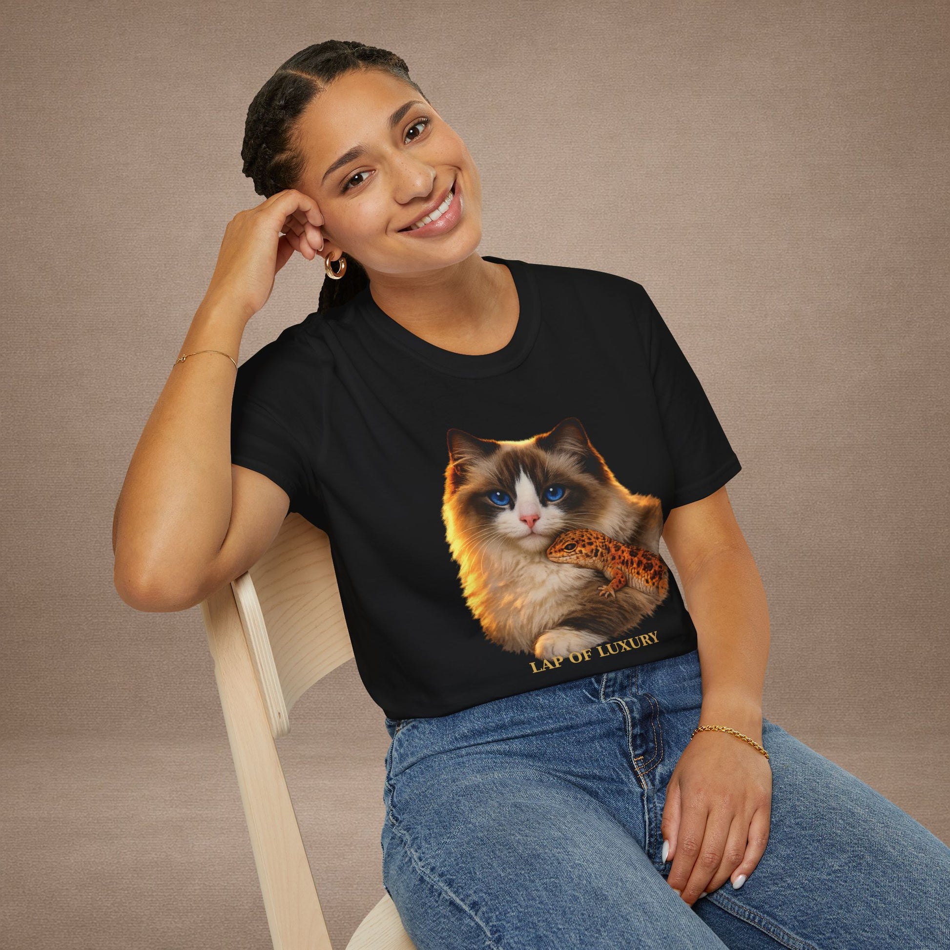 Ragdoll — Lap Of Luxury — photoreal cat breed portraits paired with tiny gecko compani. Gold Gecko Co. Cats & Geckos collection.