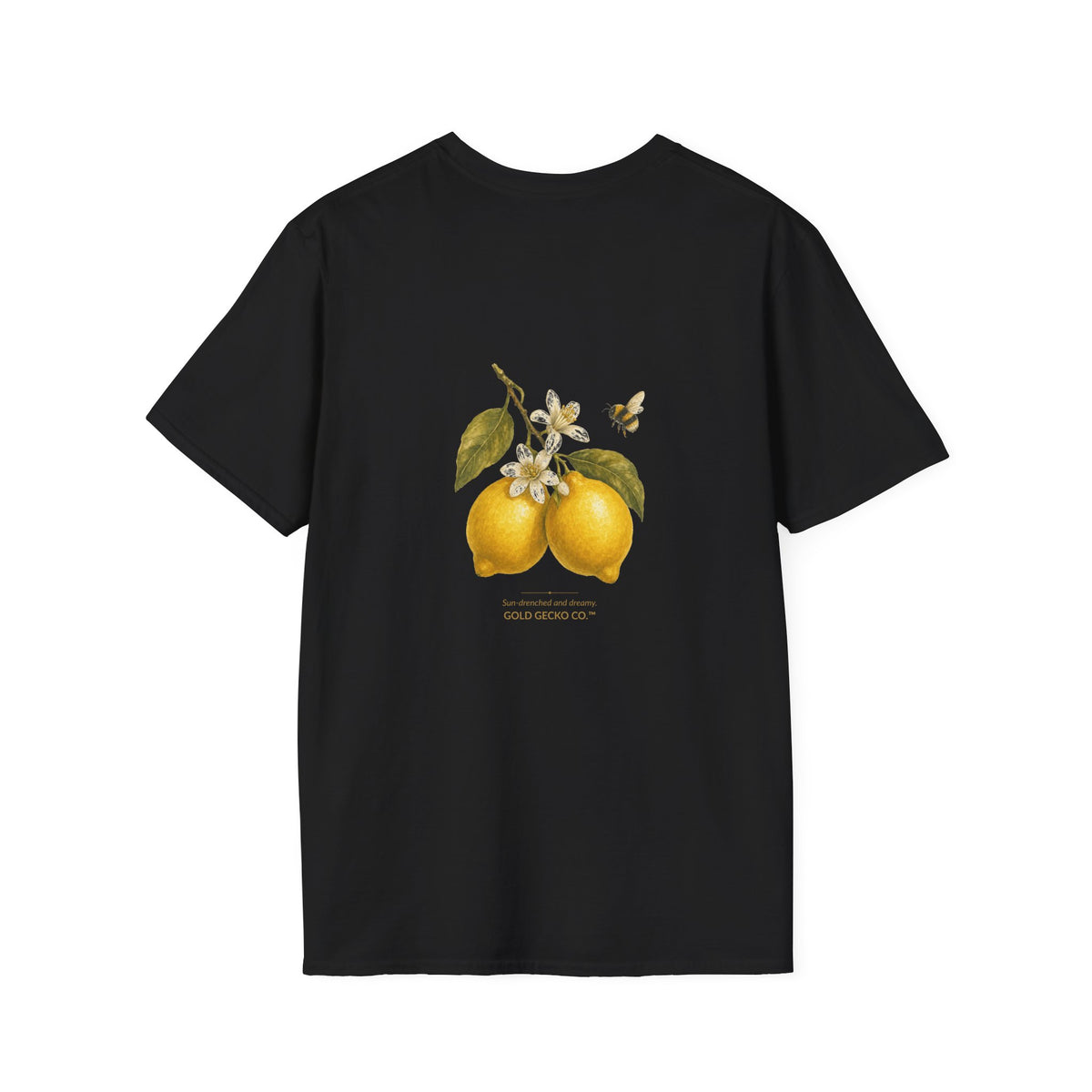 Citrus Grove Gecko cottagecore watercolor T-shirt from Gold Gecko Co. — gecko in a sunlit Mediterranean citrus grove of lemons and oranges.