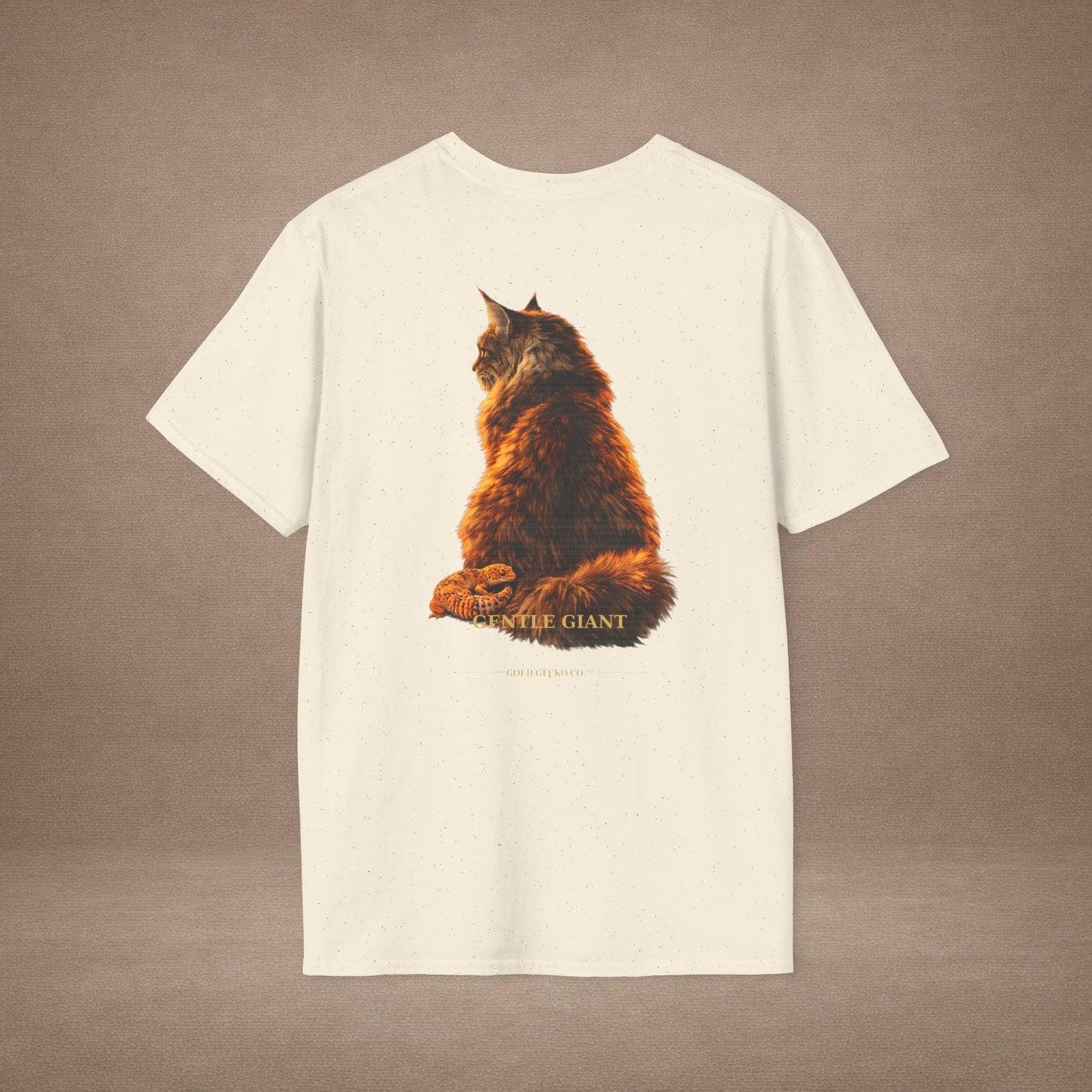 Maine Coon — Gentle Giant — photoreal cat breed portraits paired with tiny gecko compani. Gold Gecko Co. Cats & Geckos collection.