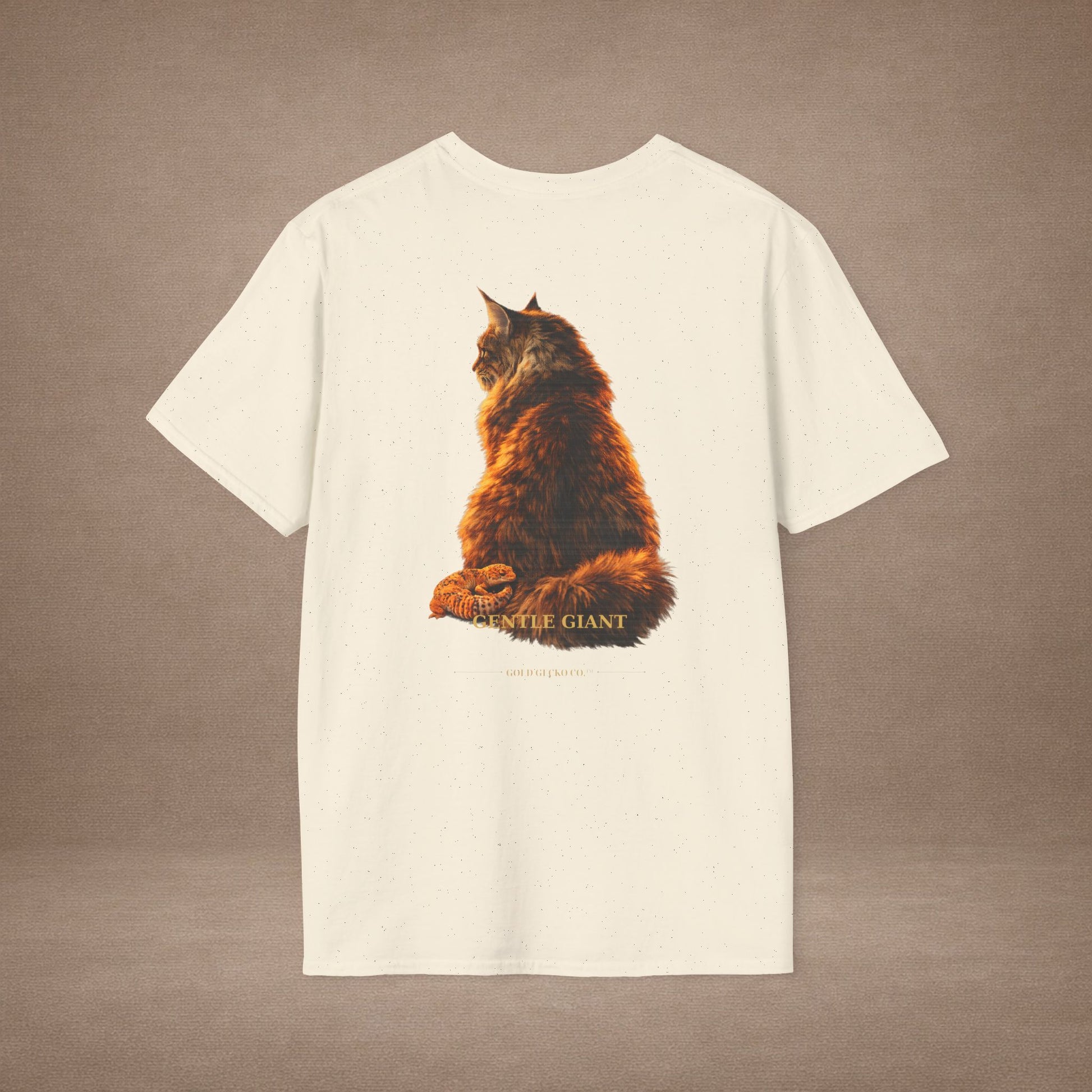 Maine Coon — Gentle Giant — photoreal cat breed portraits paired with tiny gecko compani. Gold Gecko Co. Cats & Geckos collection.