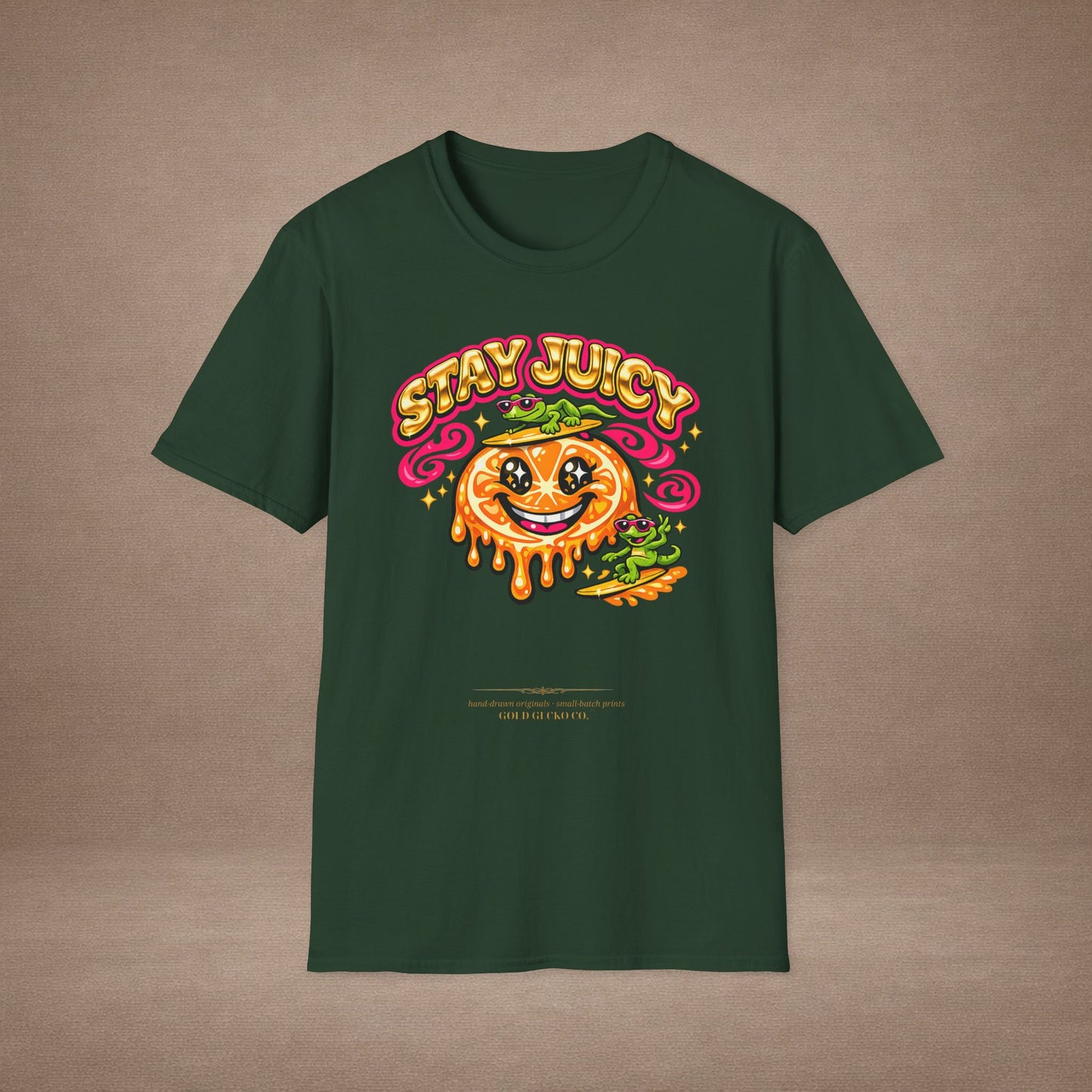 Stay Juicy retro chrome orange & gecko graphic t-shirt — Gold Gecko Co.