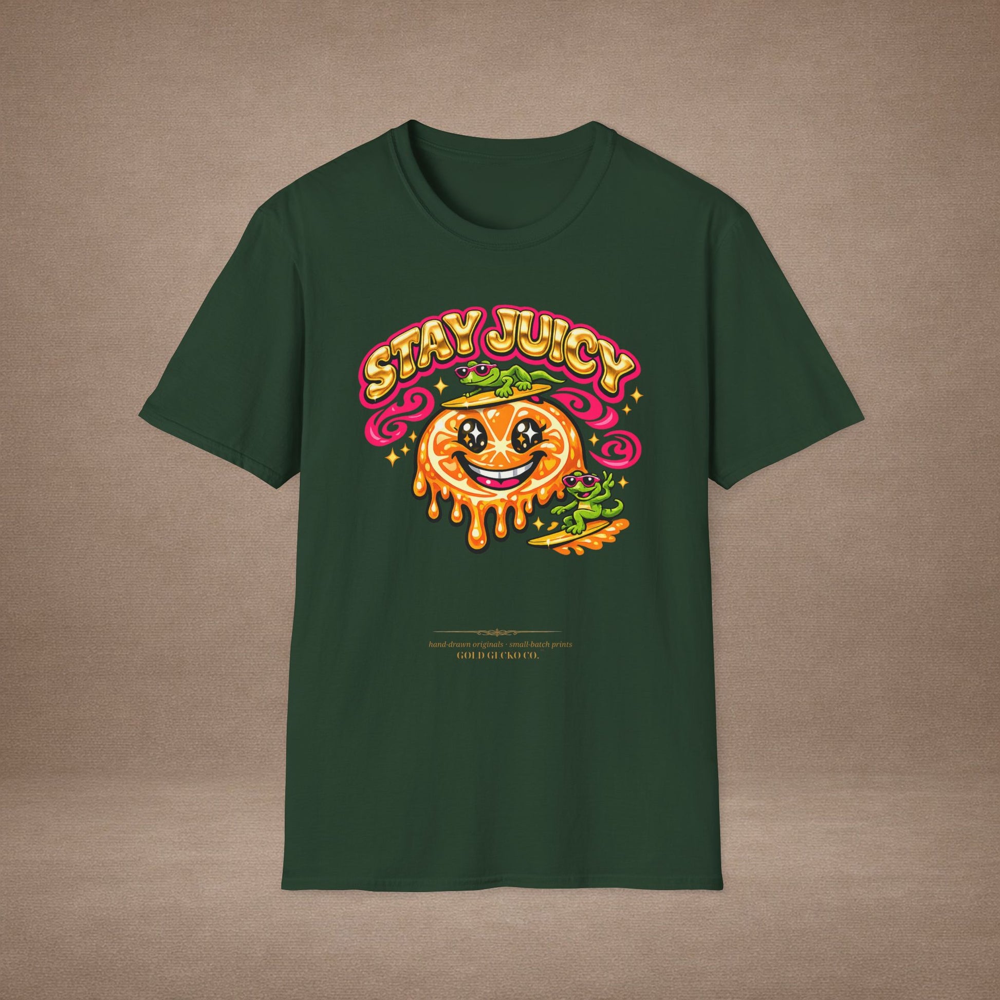 Stay Juicy retro chrome orange & gecko graphic t-shirt — Gold Gecko Co.