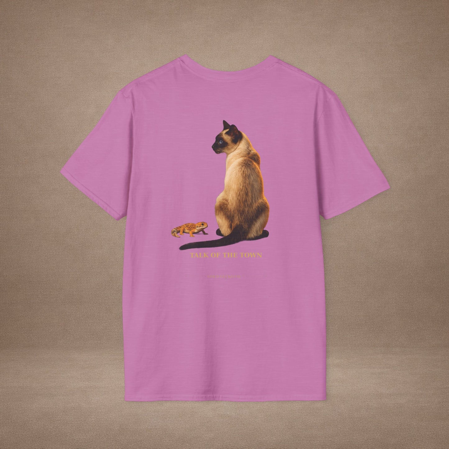 Siamese — Talk Of The Town — photoreal cat breed portraits paired with tiny gecko compani. Gold Gecko Co. Cats & Geckos collection.