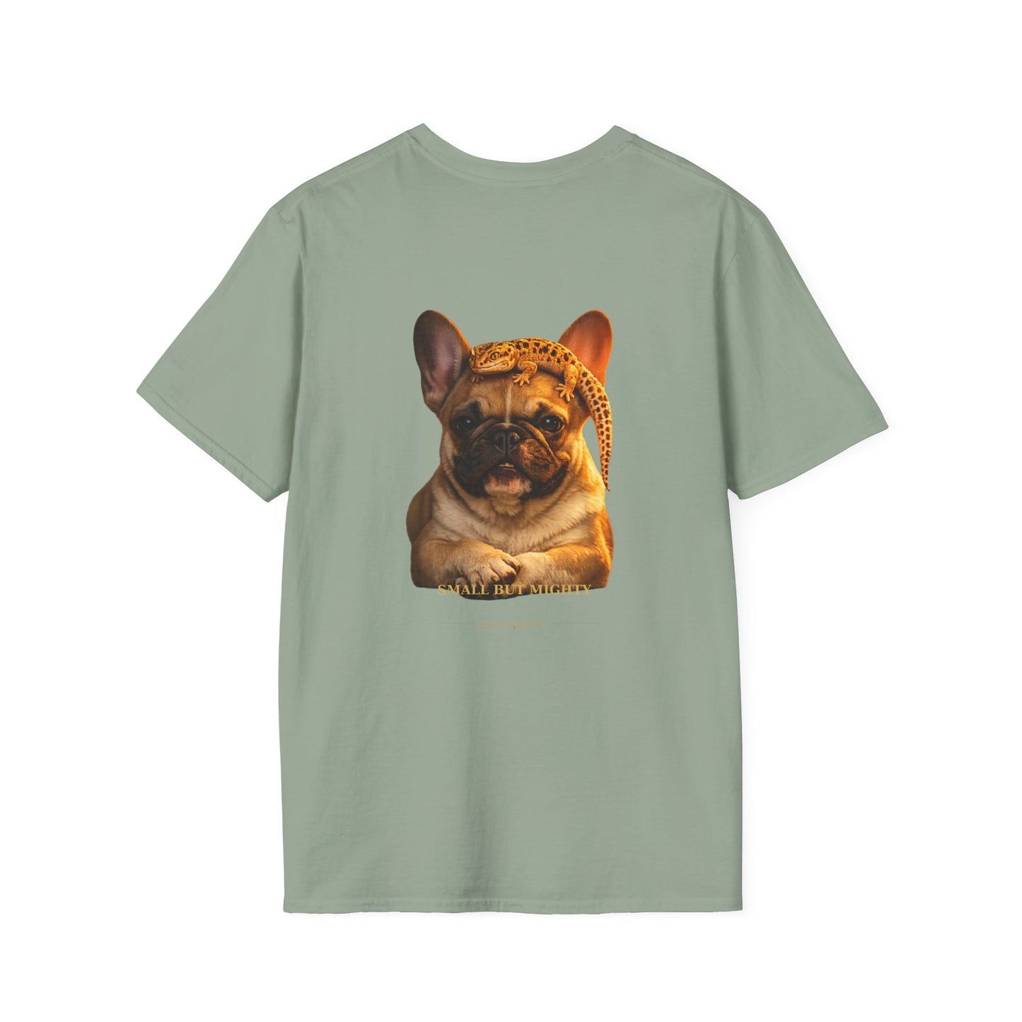 French Bulldog — Small But Mighty — cinematic photoreal portraits of beloved dog breeds paired w. Gold Gecko Co. Puppies & Geckos collection.