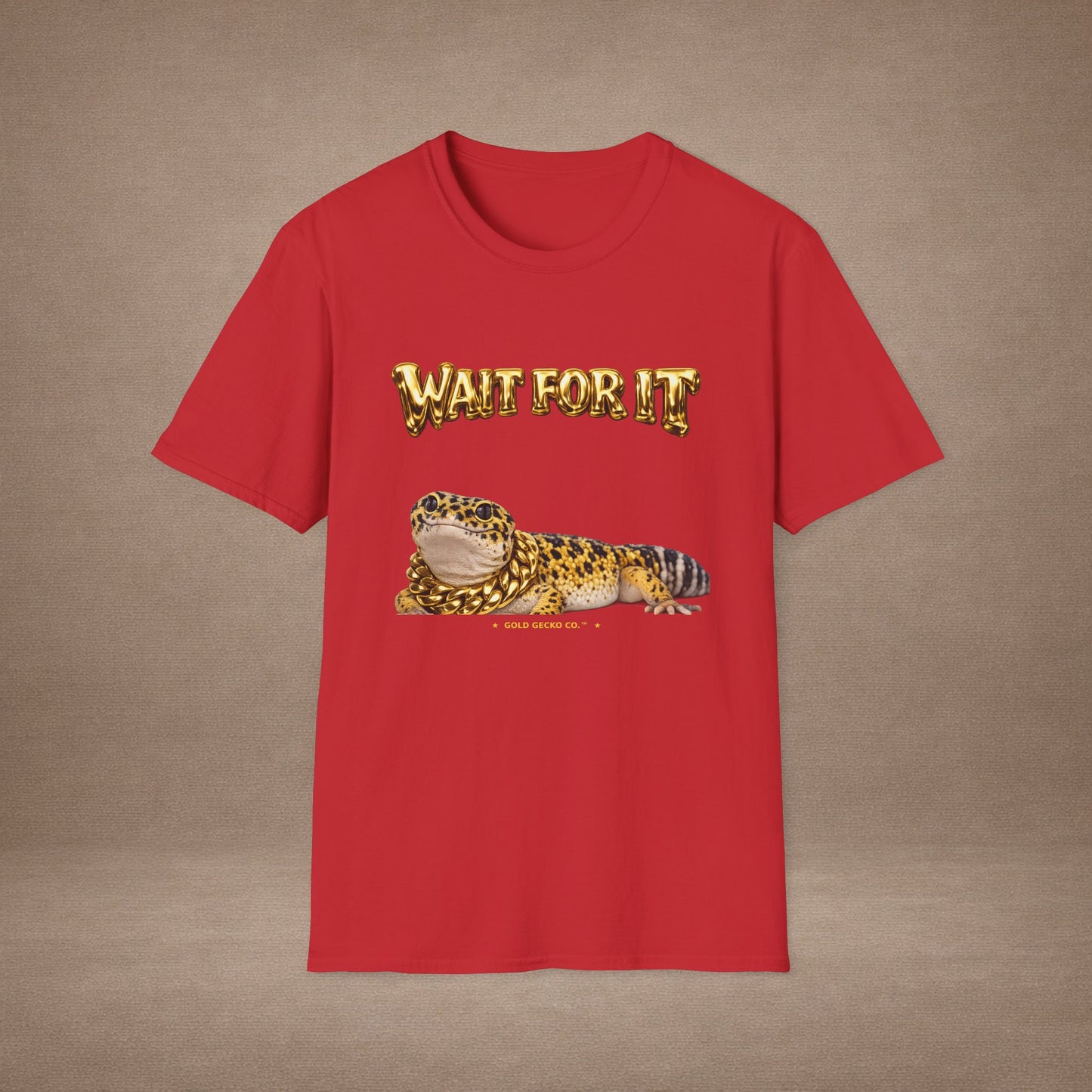 DESIGN #21 Wait For It... Lounging Leopard Gecko Tee (Front & Back) - Gold Lettering