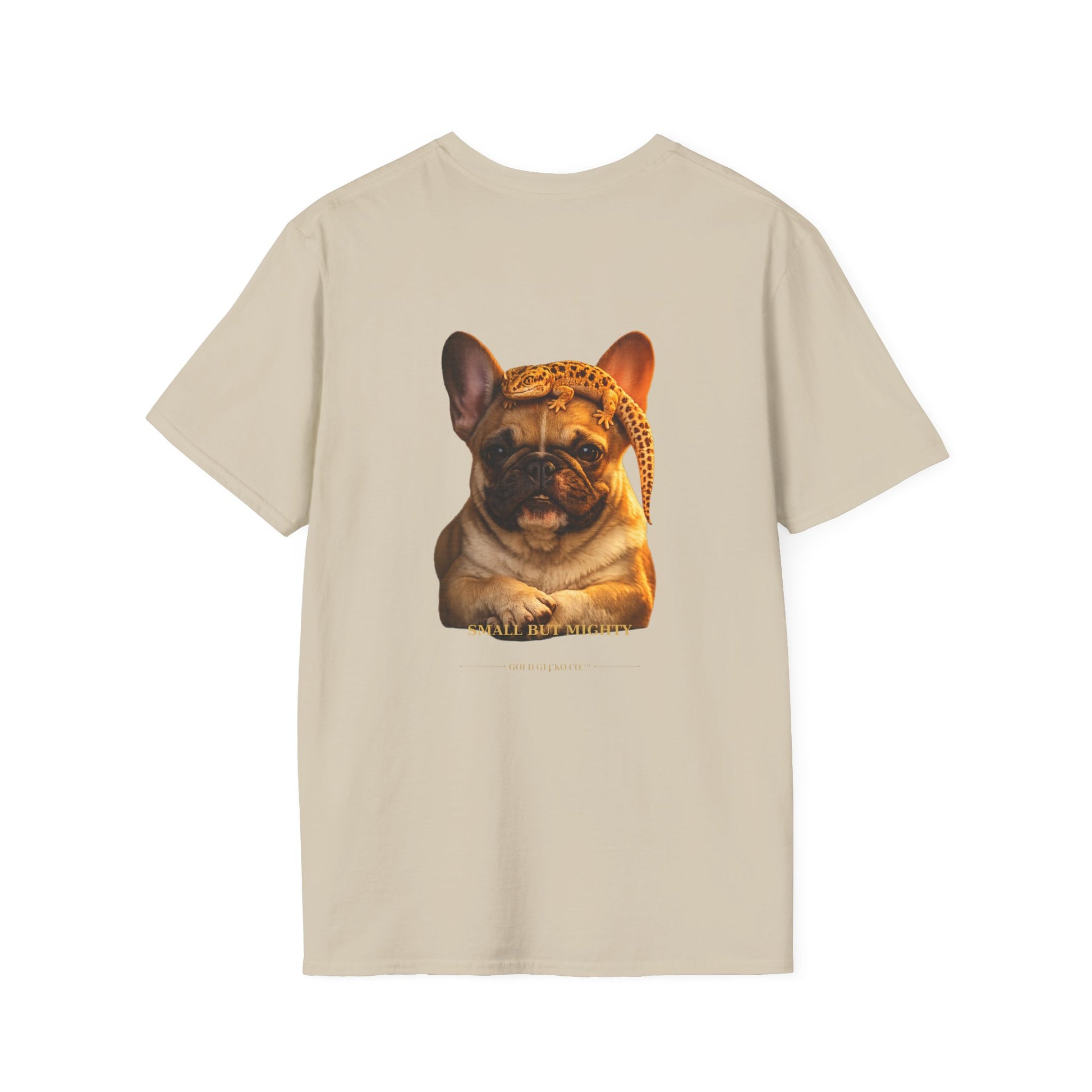 French Bulldog — Small But Mighty — cinematic photoreal portraits of beloved dog breeds paired w. Gold Gecko Co. Puppies & Geckos collection.