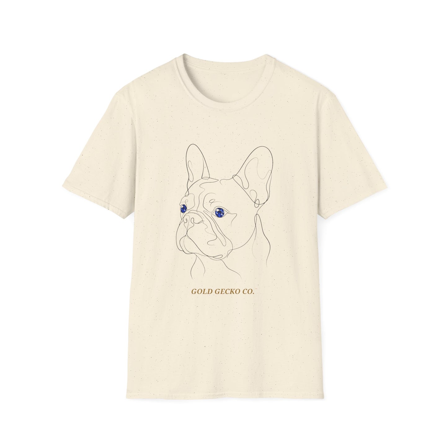 Sapphire French Bulldog single-line art with sapphire blue gem eye — Gold Gecko Co. Line & Gold collection (Light)
