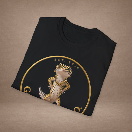 Design # 001  Gold Gecko Co. tm - Signature Logo Tee — Emblem Graphic T-Shirt (Front @ Back)