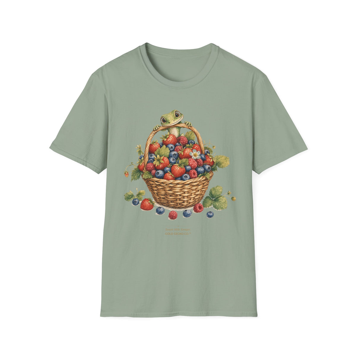 Berry Basket Buddy cottagecore watercolor T-shirt from Gold Gecko Co. — gecko nestled in a woven basket of wild strawberries and blueberries.