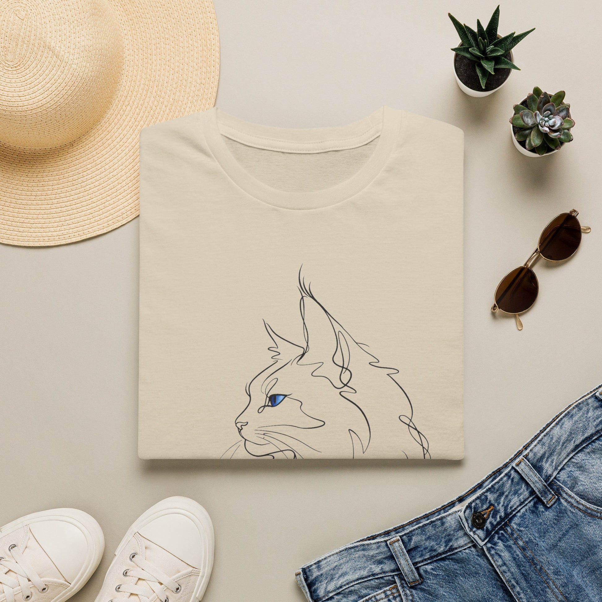 Sapphire Maine Coon single-line art with sapphire blue gem eye — Gold Gecko Co. Line & Gold collection (Light)