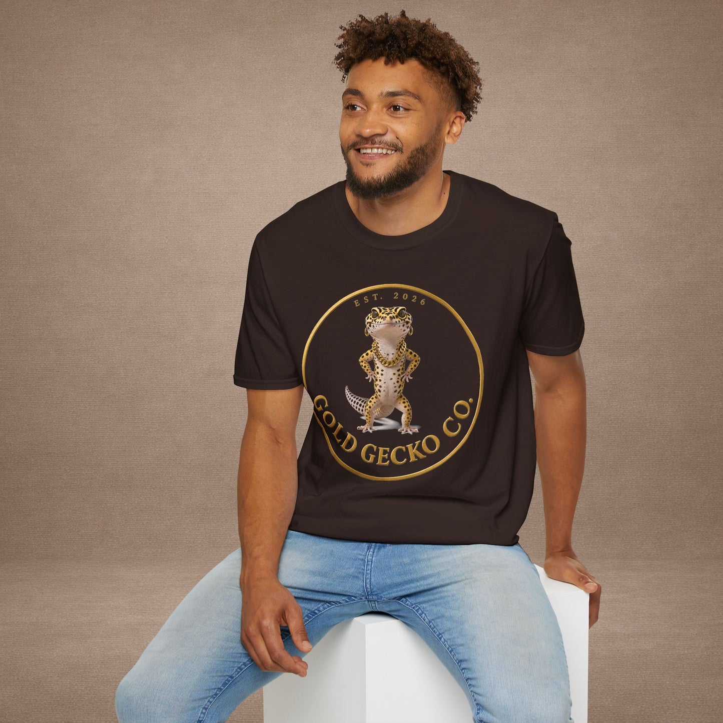 Design # 001  Gold Gecko Co. tm - Signature Logo Tee — Emblem Graphic T-Shirt (Front @ Back)