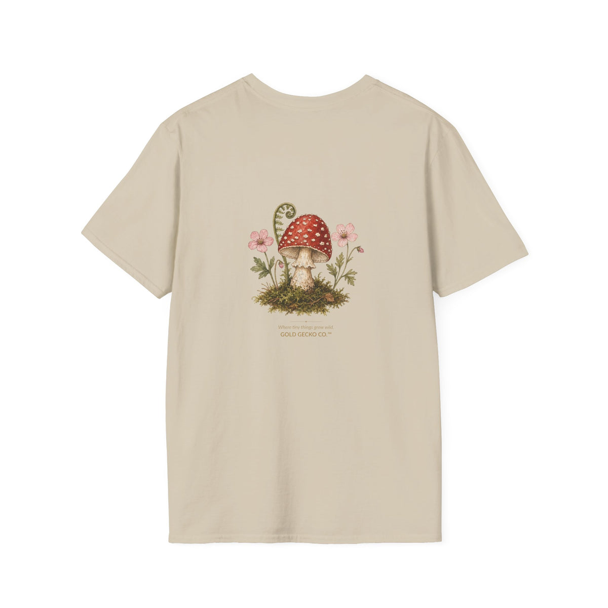 Mushroom Village cottagecore watercolor T-shirt from Gold Gecko Co. — gecko exploring a whimsical toadstool village in the woods.