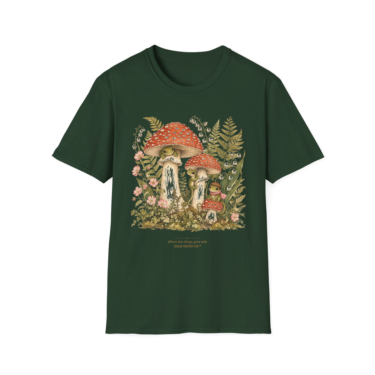 Mushroom Village cottagecore watercolor T-shirt from Gold Gecko Co. — gecko exploring a whimsical toadstool village in the woods.