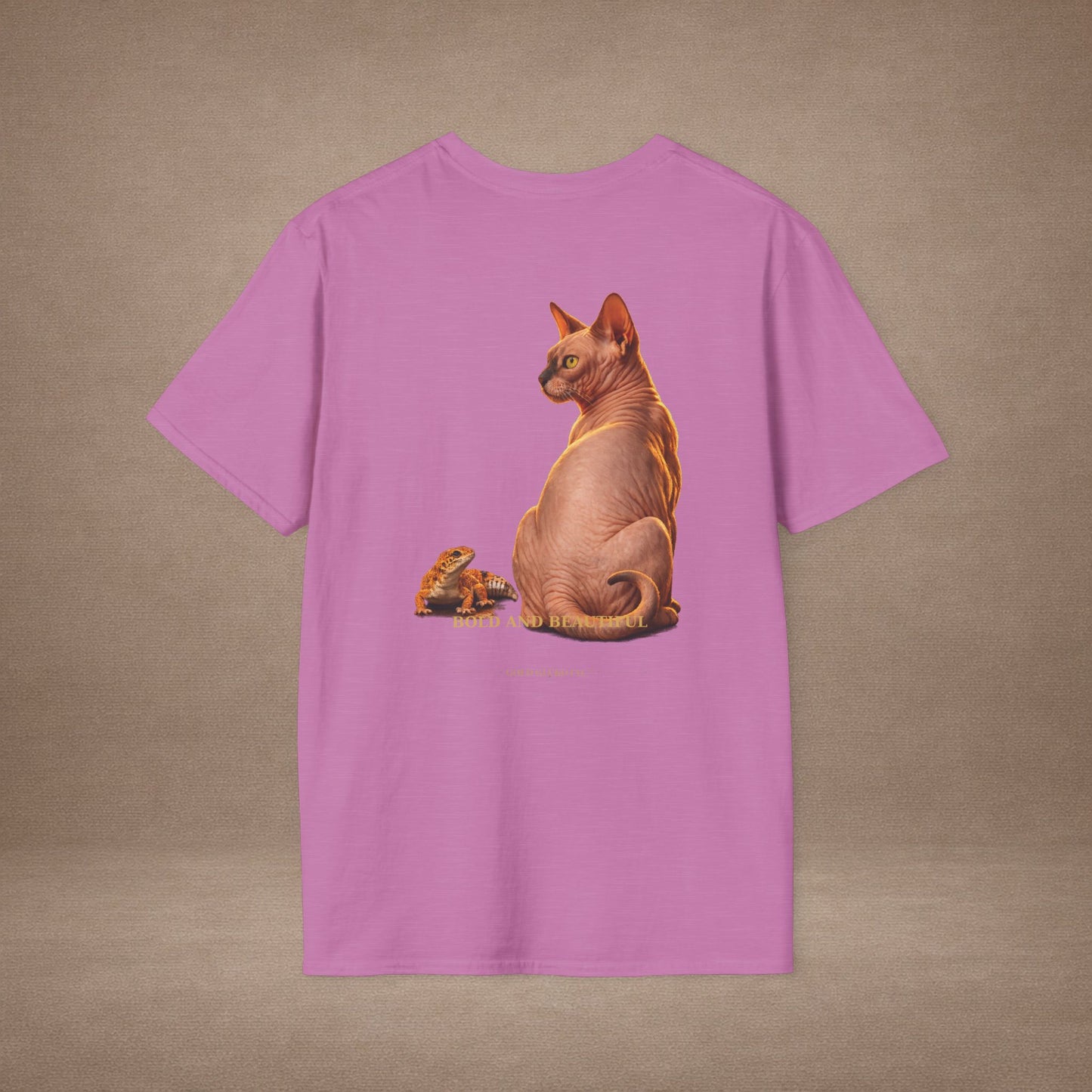Sphynx — Bold And Beautiful — photoreal cat breed portraits paired with tiny gecko compani. Gold Gecko Co. Cats & Geckos collection.