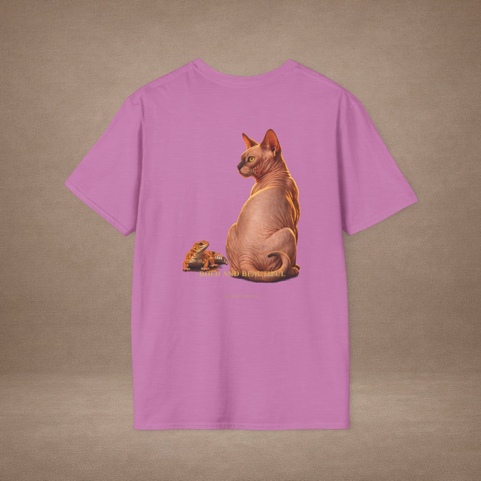 Sphynx — Bold And Beautiful — photoreal cat breed portraits paired with tiny gecko compani. Gold Gecko Co. Cats & Geckos collection.