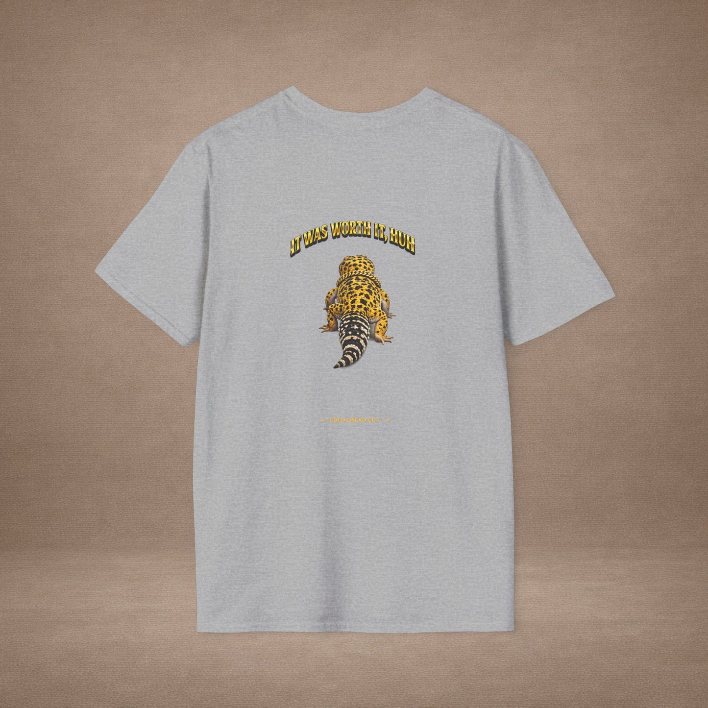 DESIGN #22-2 Wait For It... Standing Leopard Gecko Tee (Front & Back) Gold Letters