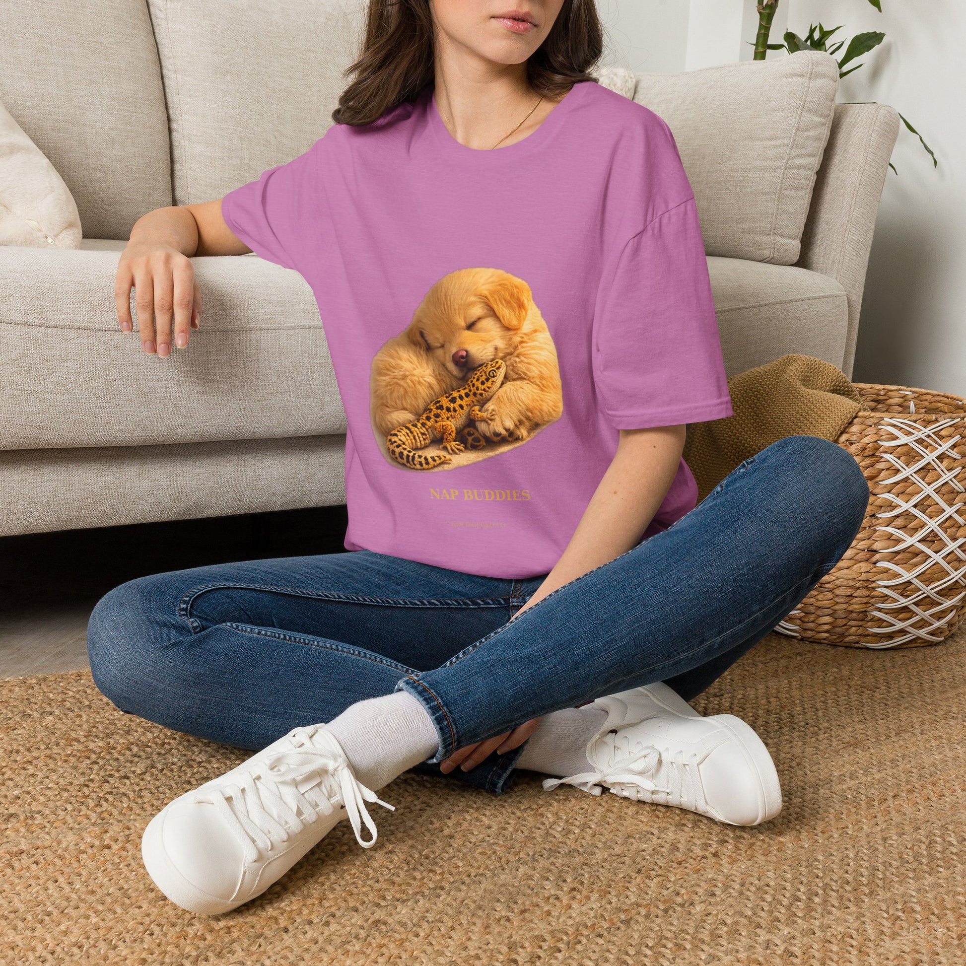 Golden Retriever — Nap Buddies — cinematic photoreal portraits of beloved dog breeds paired w. Gold Gecko Co. Puppies & Geckos collection.
