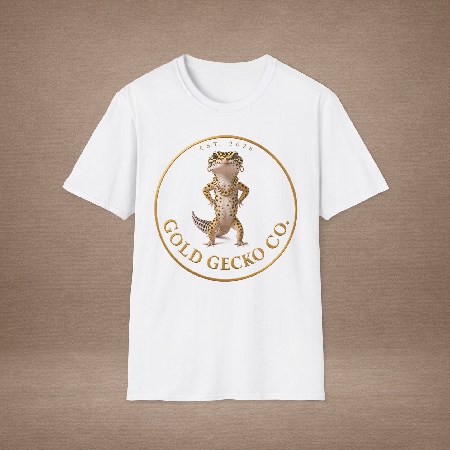 Design # 001  Gold Gecko Co. tm - Signature Logo Tee — Emblem Graphic T-Shirt (Front @ Back)