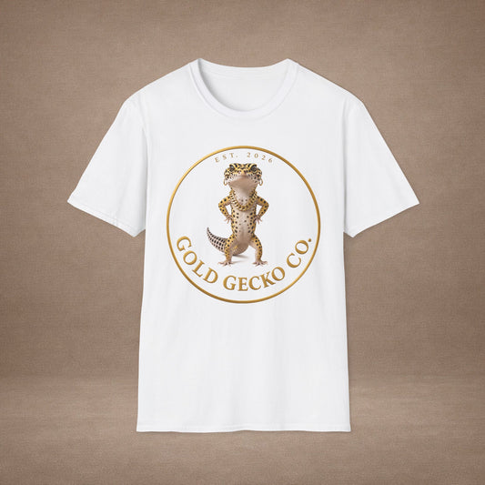 Design # 001  Gold Gecko Co. tm - Signature Logo Tee — Emblem Graphic T-Shirt (Front @ Back)