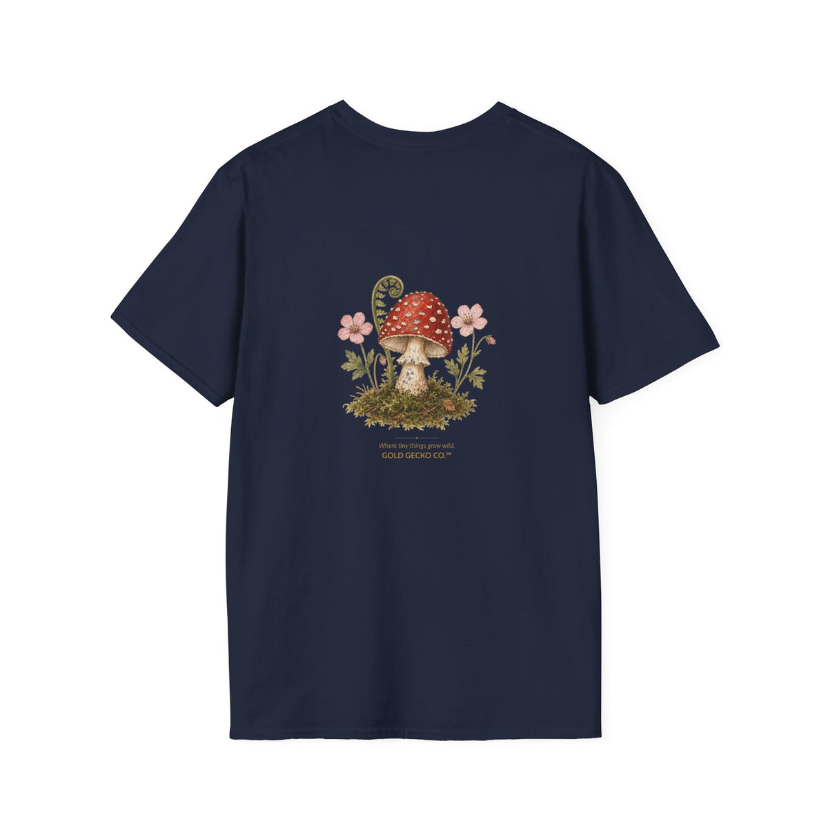 Mushroom Village cottagecore watercolor T-shirt from Gold Gecko Co. — gecko exploring a whimsical toadstool village in the woods.