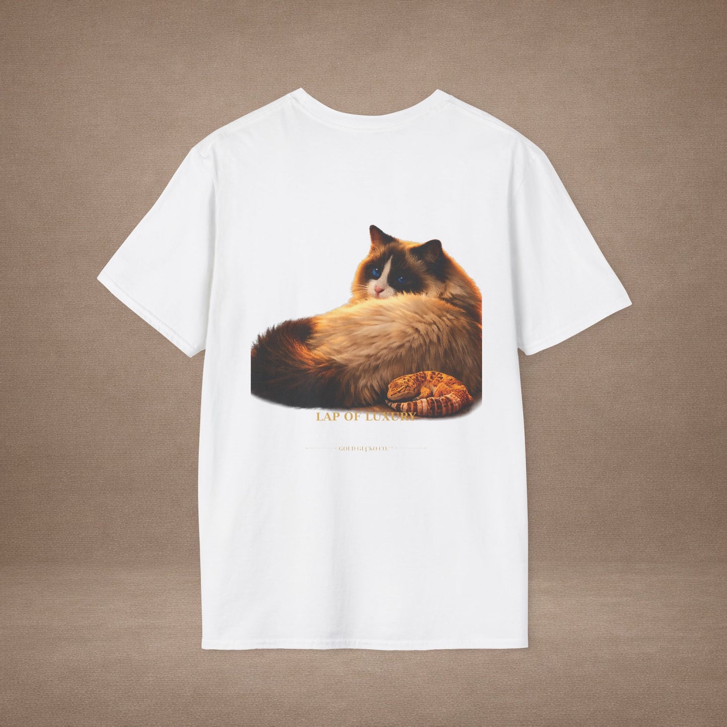 Ragdoll — Lap Of Luxury — photoreal cat breed portraits paired with tiny gecko compani. Gold Gecko Co. Cats & Geckos collection.