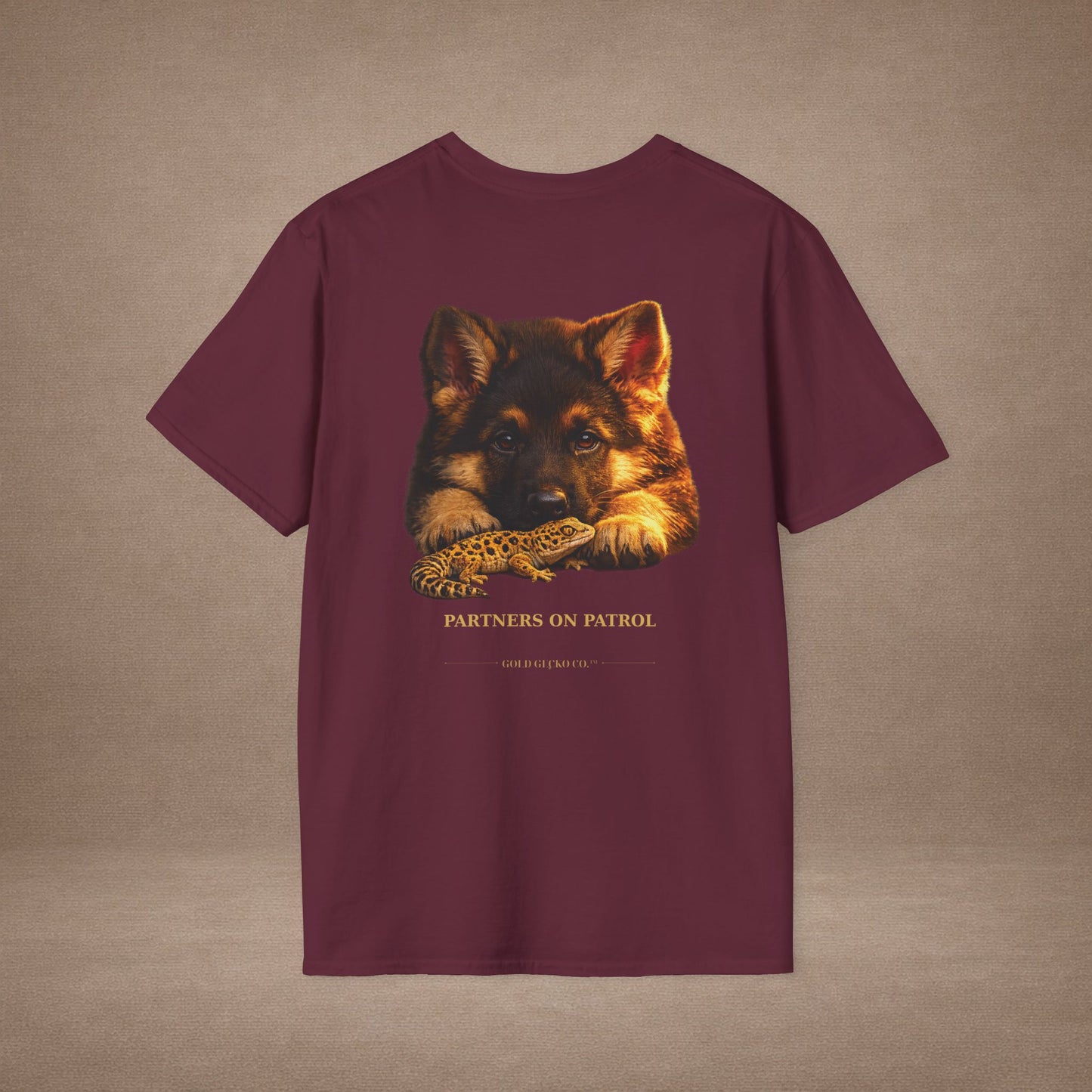 German Shepherd — Partners On Patrol — cinematic photoreal portraits of beloved dog breeds paired w. Gold Gecko Co. Puppies & Geckos collection.