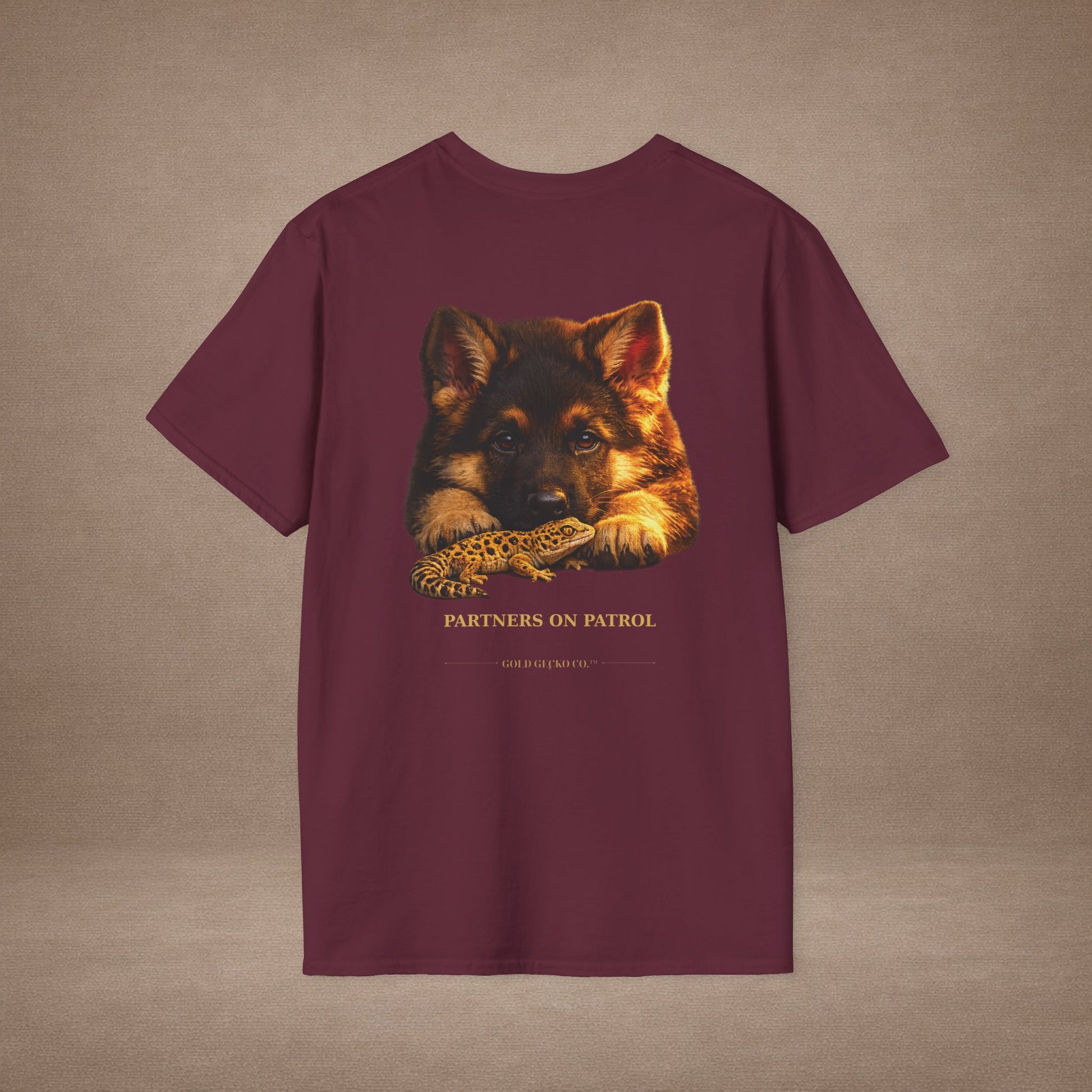 German Shepherd — Partners On Patrol — cinematic photoreal portraits of beloved dog breeds paired w. Gold Gecko Co. Puppies & Geckos collection.
