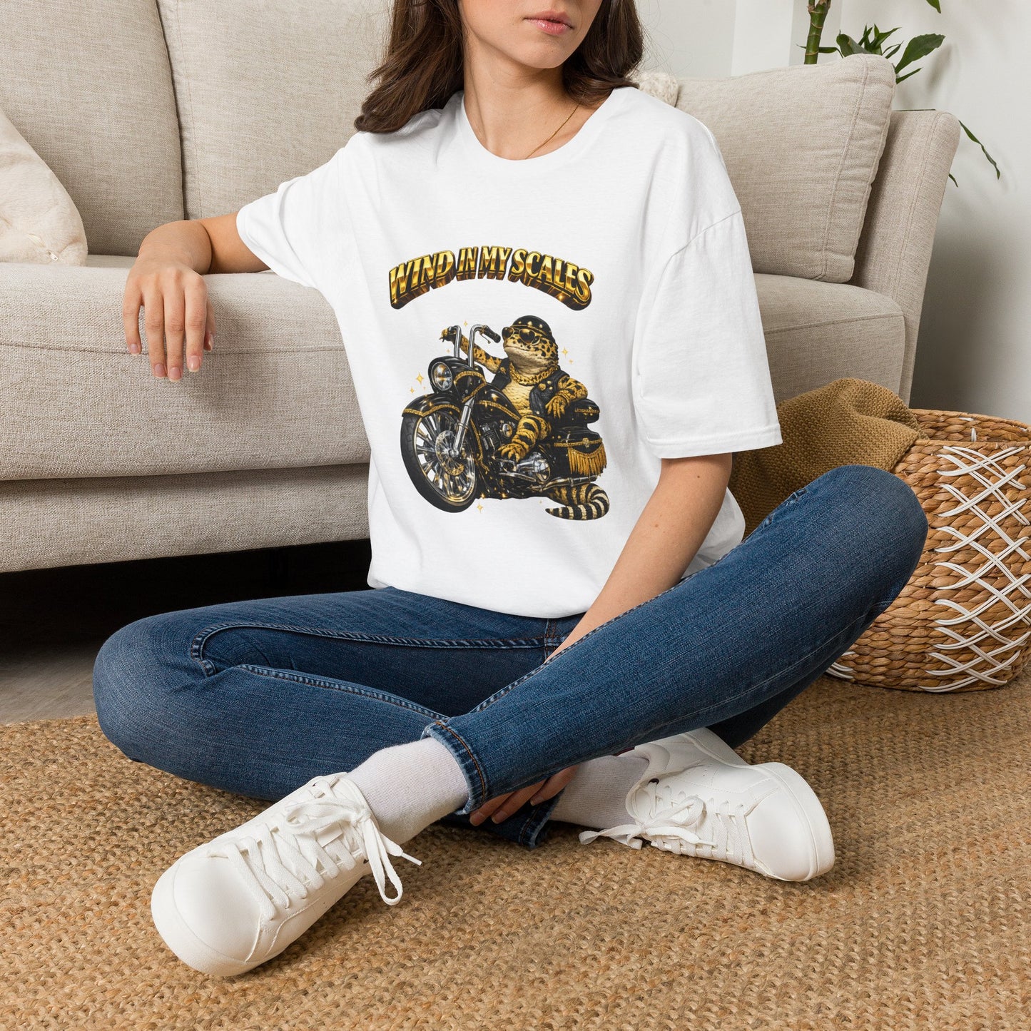DESIGN #38 Wind in My Scales — Bagger Gecko Tee (Front & Back) Golden Letters