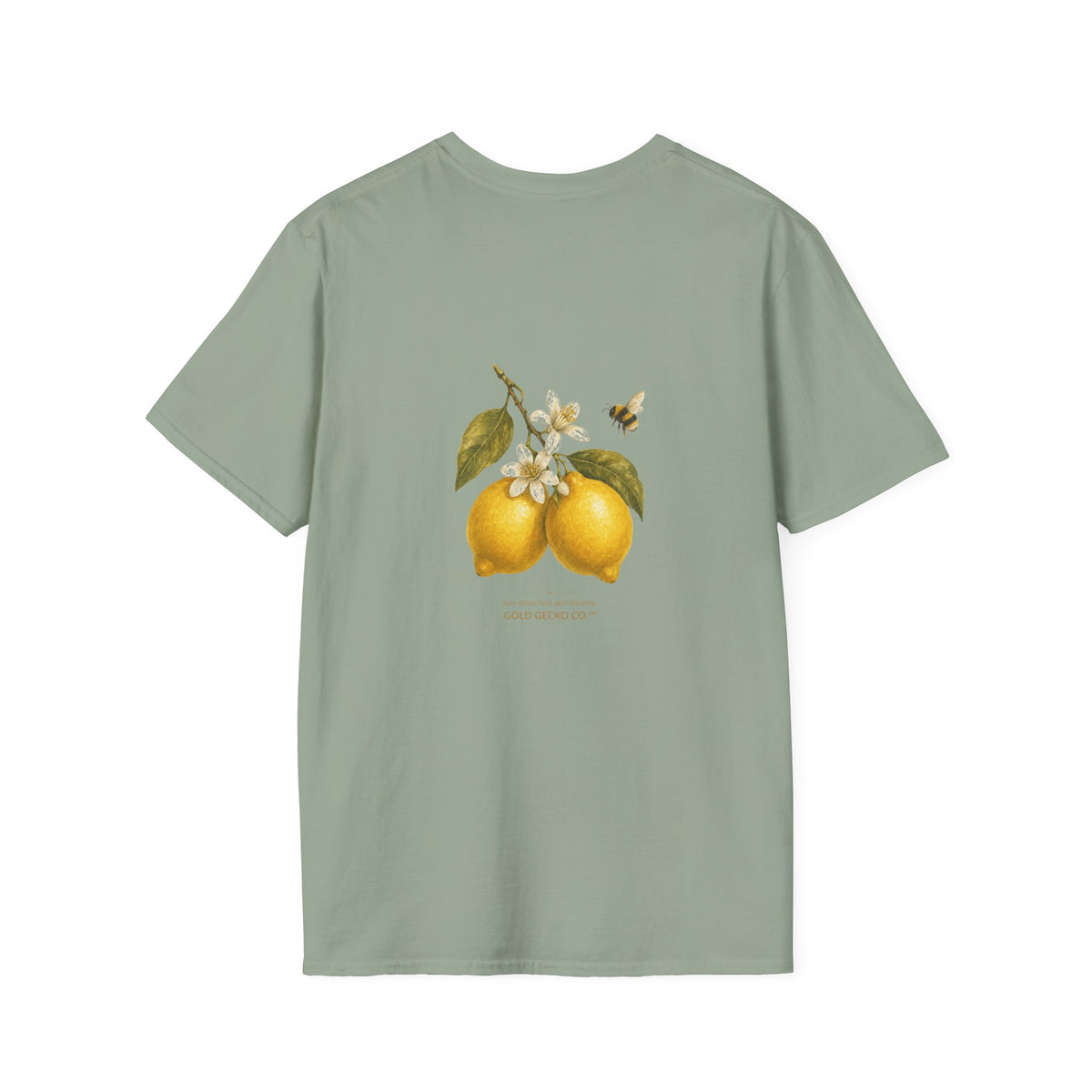 Citrus Grove Gecko cottagecore watercolor T-shirt from Gold Gecko Co. — gecko in a sunlit Mediterranean citrus grove of lemons and oranges.