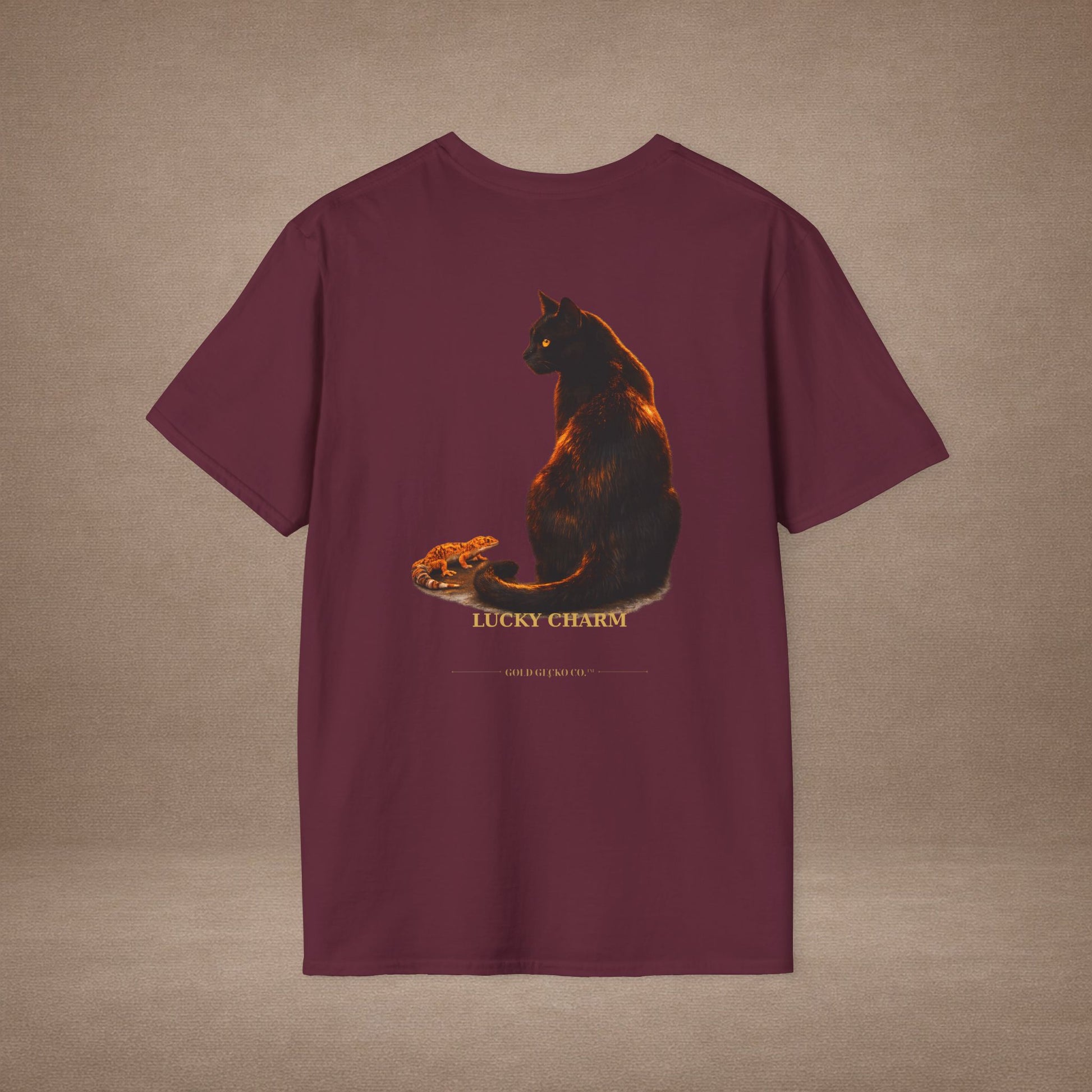 Black Cat — Lucky Charm — photoreal cat breed portraits paired with tiny gecko compani. Gold Gecko Co. Cats & Geckos collection.
