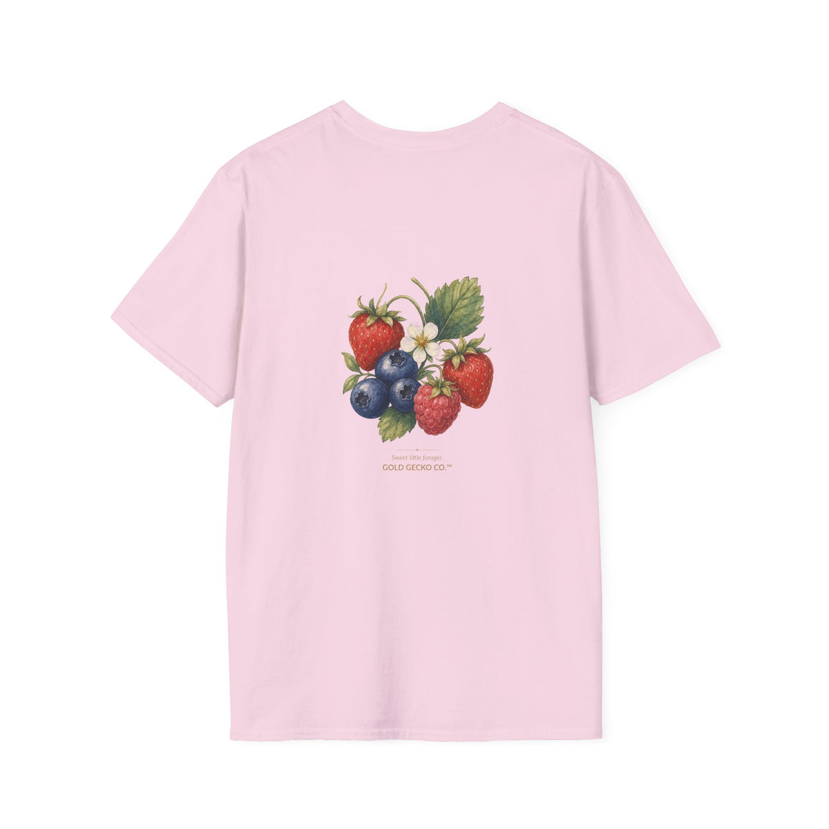 Berry Basket Buddy cottagecore watercolor T-shirt from Gold Gecko Co. — gecko nestled in a woven basket of wild strawberries and blueberries.
