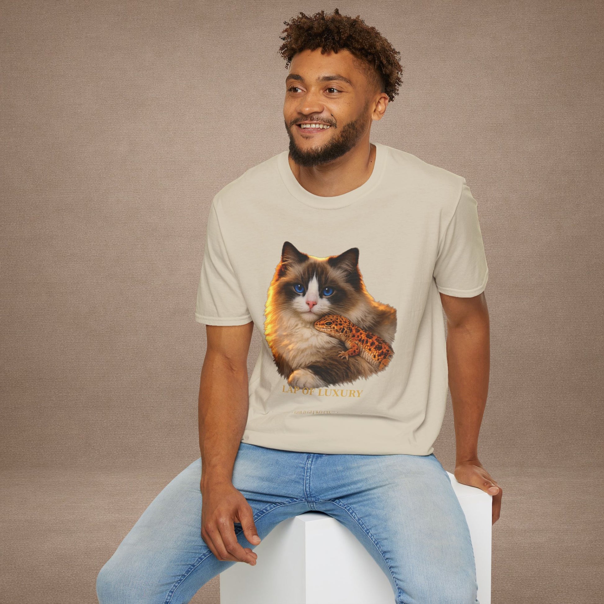 Ragdoll — Lap Of Luxury — photoreal cat breed portraits paired with tiny gecko compani. Gold Gecko Co. Cats & Geckos collection.
